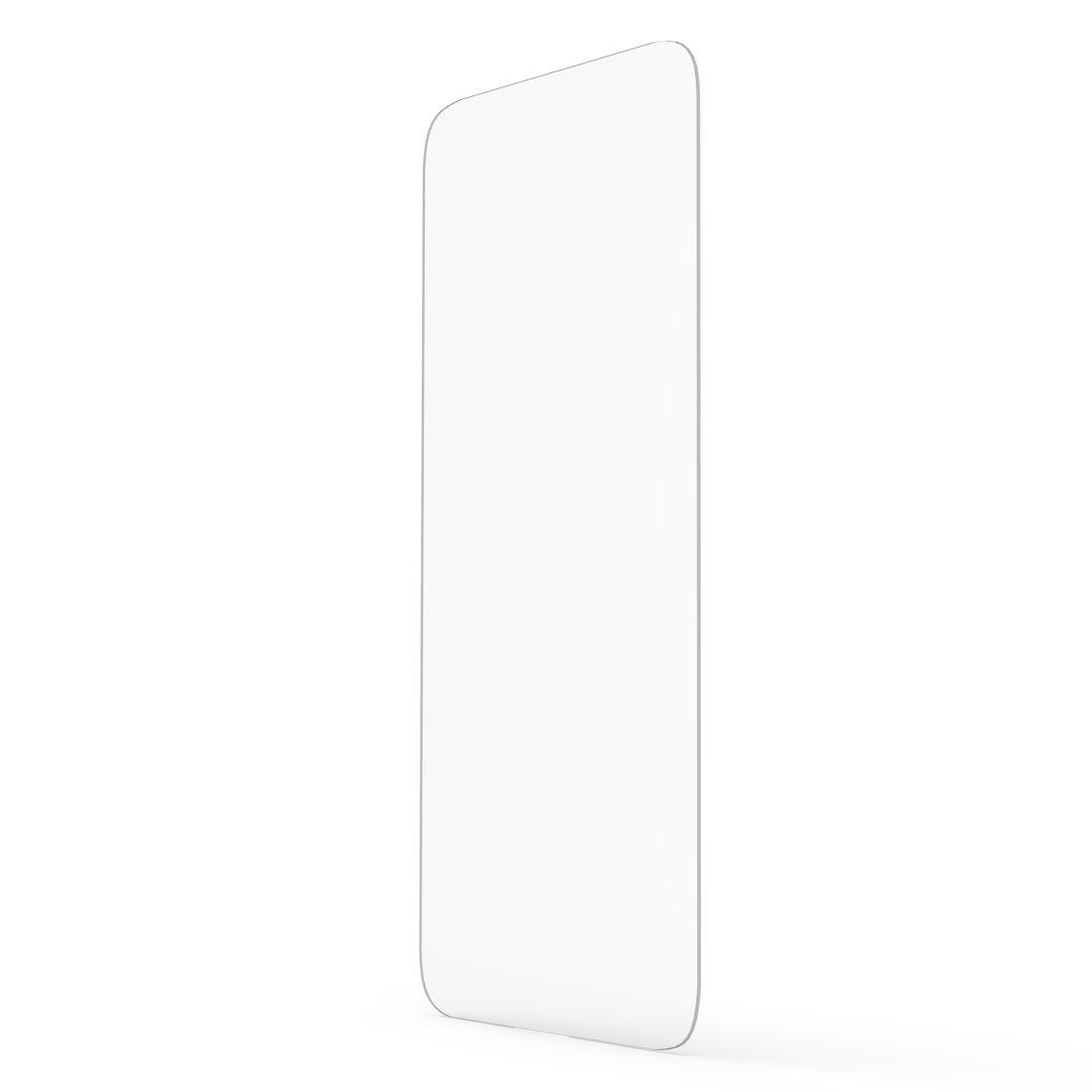 Una protezione schermo trasparente per smartphone, isolata su sfondo bianco.