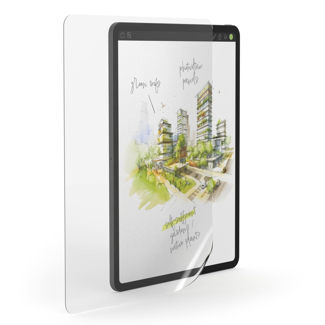 Tablet wyświetla szkic krajobrazu miejskiego z zielonymi dachami.