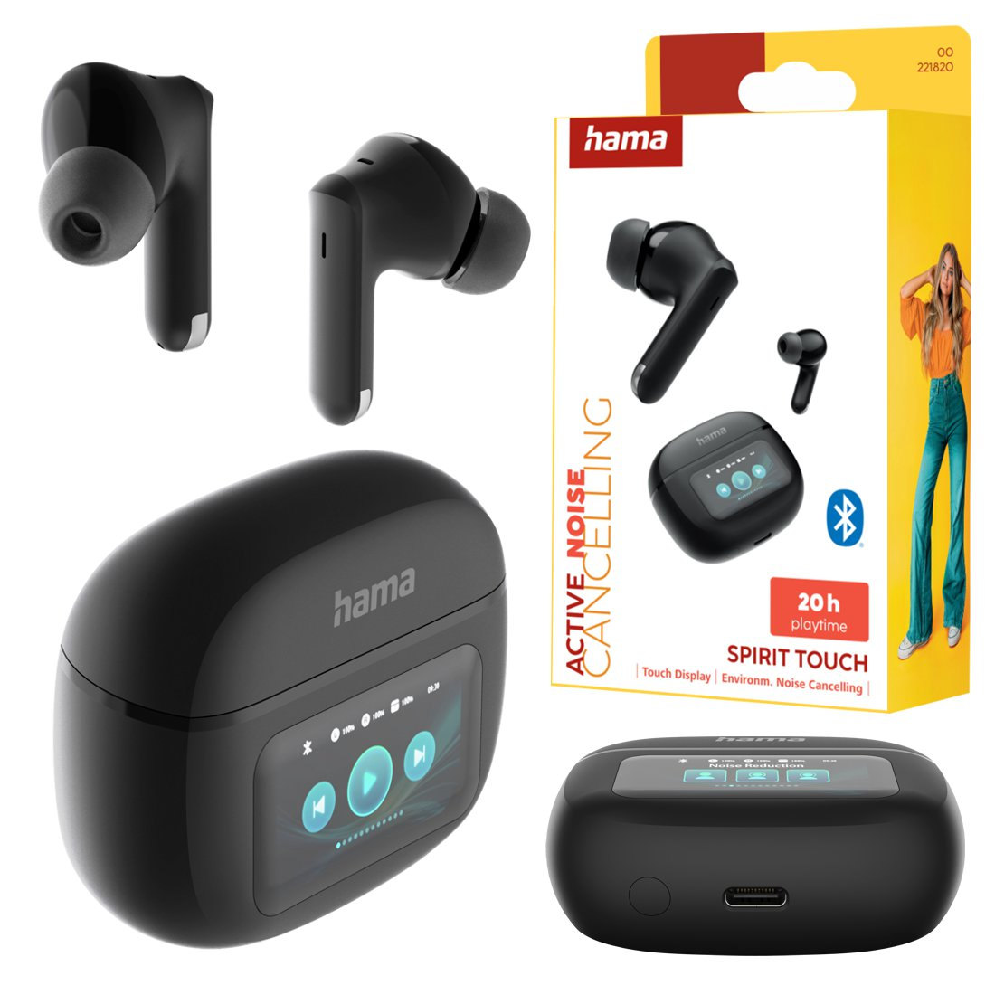 Auricolari Hama neri con custodia di ricarica e display touch.
