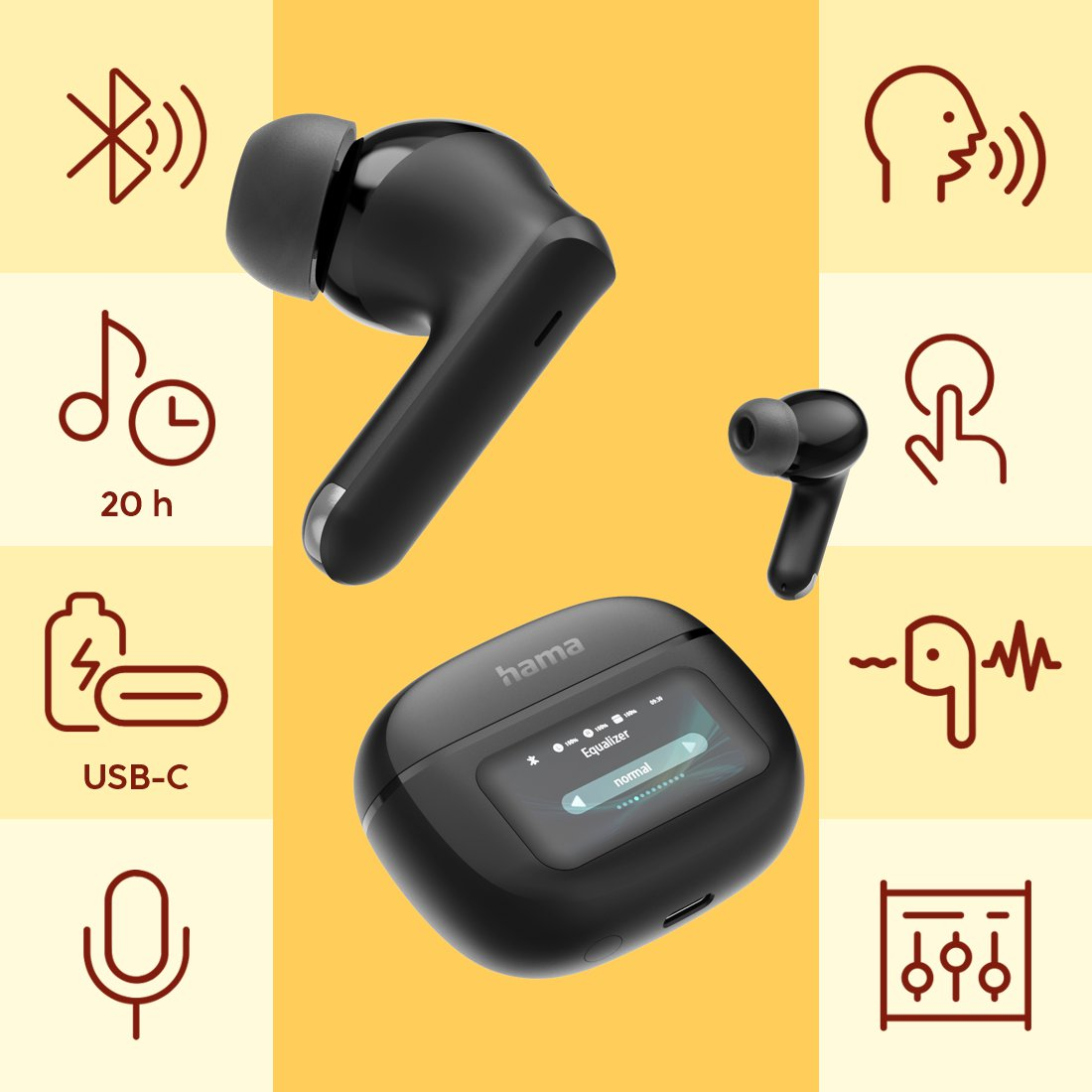 Auricolari wireless neri con custodia di ricarica e icone per Bluetooth, batteria, microfono, riproduzione ed equalizzatore.