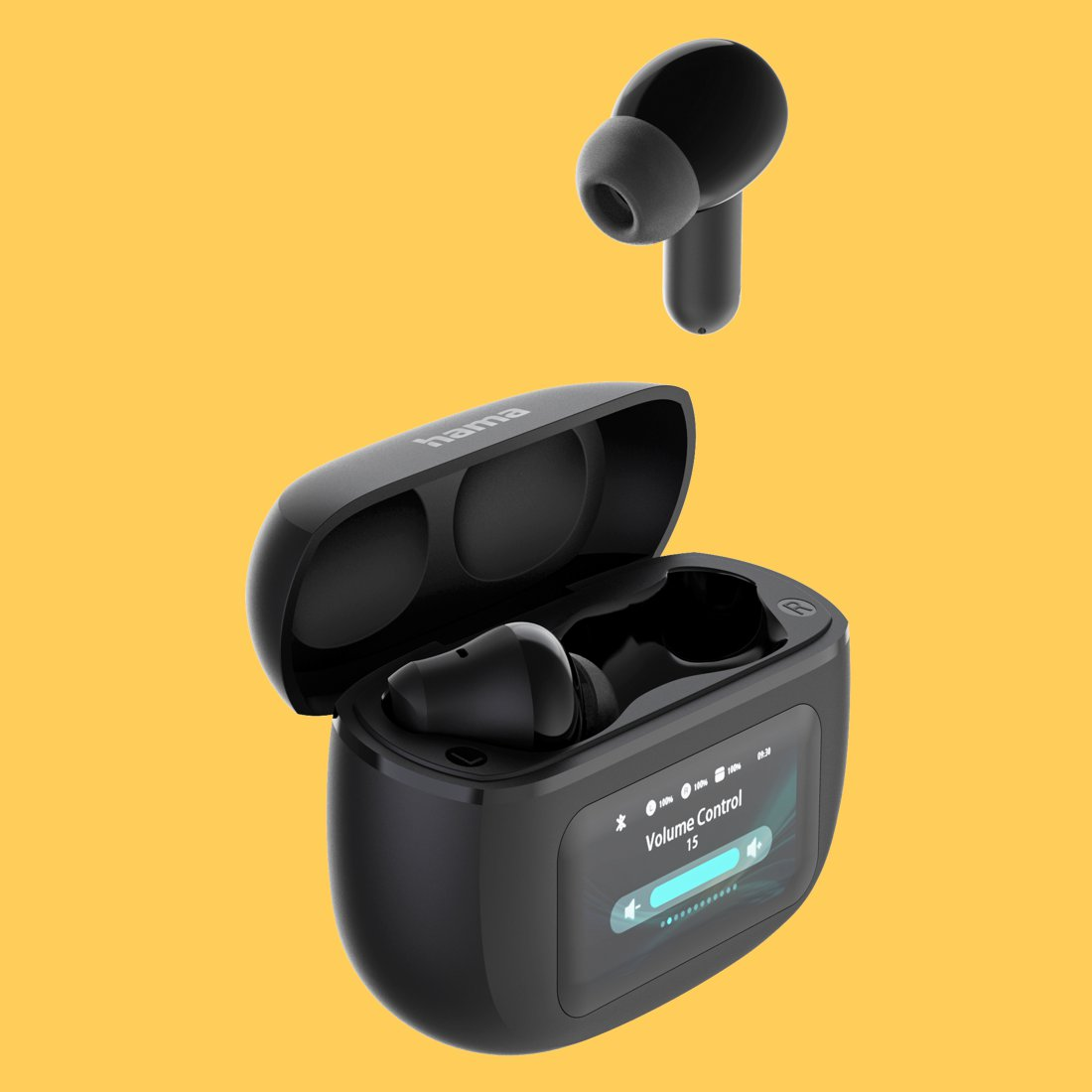 Auricolari wireless neri con custodia di ricarica e display. Uno fluttua, uno è nella custodia.