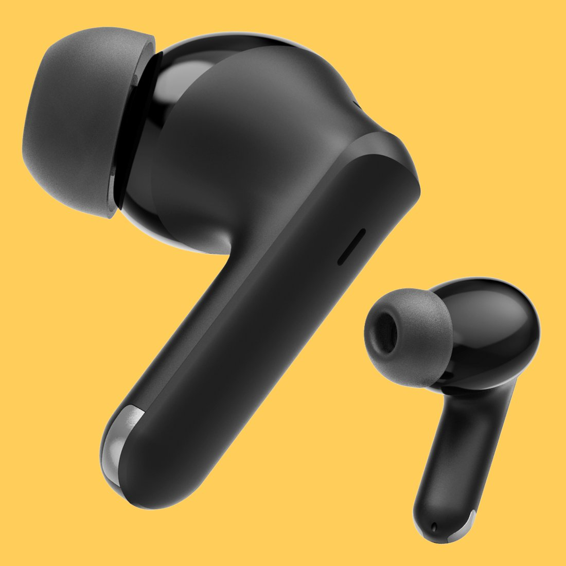 Due auricolari wireless neri con gommini su sfondo giallo.
