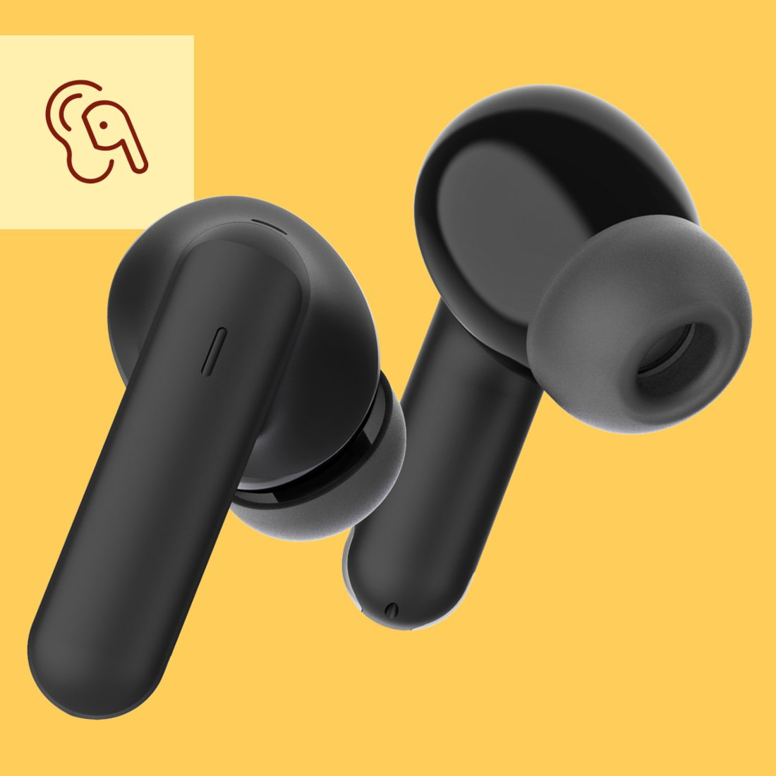 Due auricolari wireless neri su sfondo giallo con un'icona.