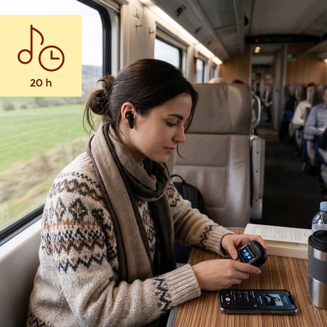 Donna con auricolari sul treno, guarda il telefono. Icona musicale, 20h.
