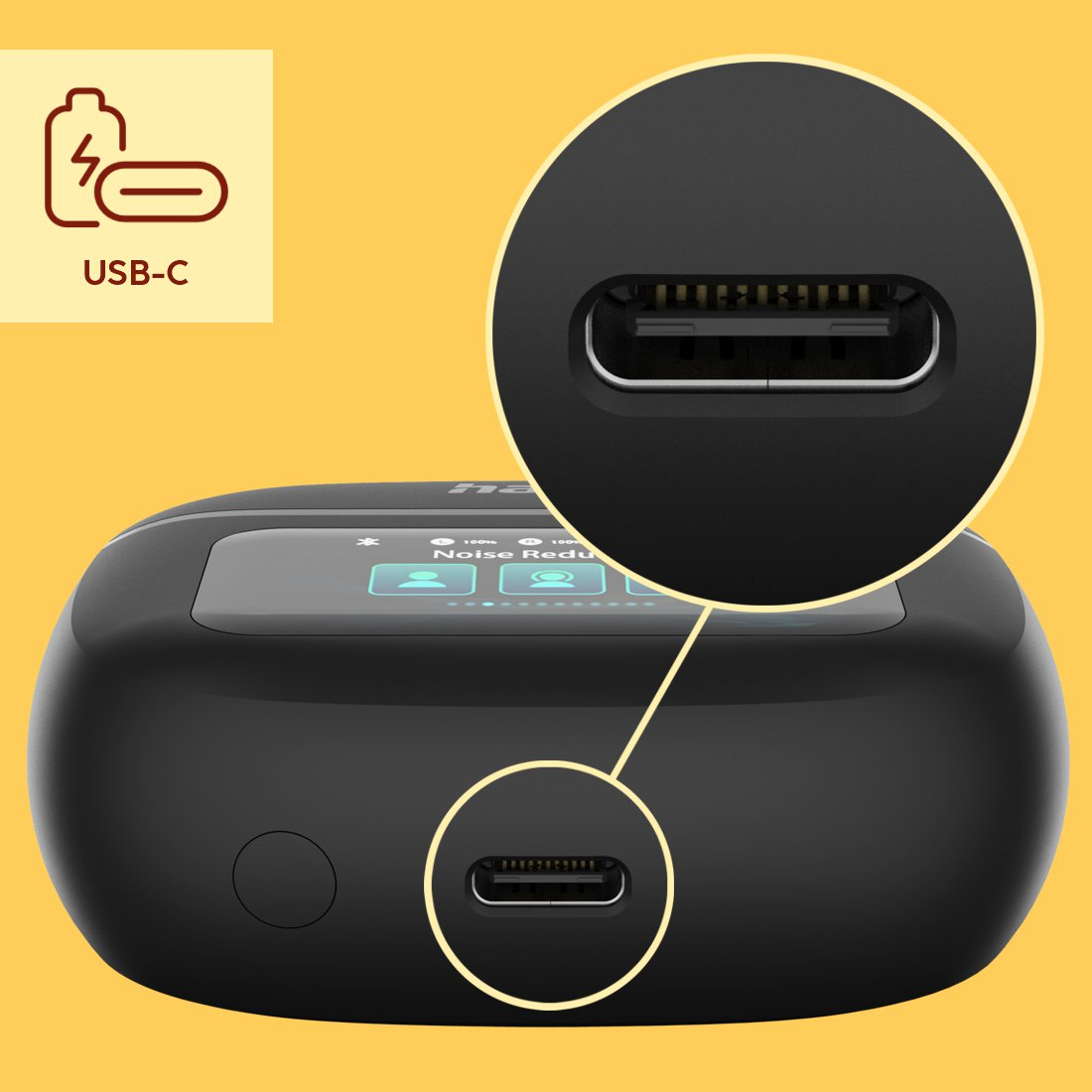 Primo piano di un dispositivo nero che mostra una porta USB-C e un inserto ingrandito.