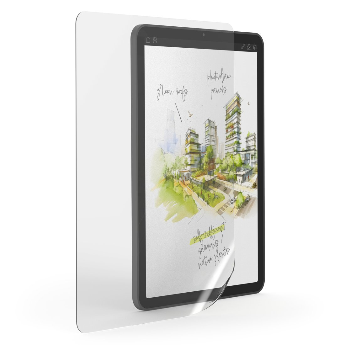 Tablet z szkicem zrównoważonych budynków, zielonych dachów i paneli słonecznych.