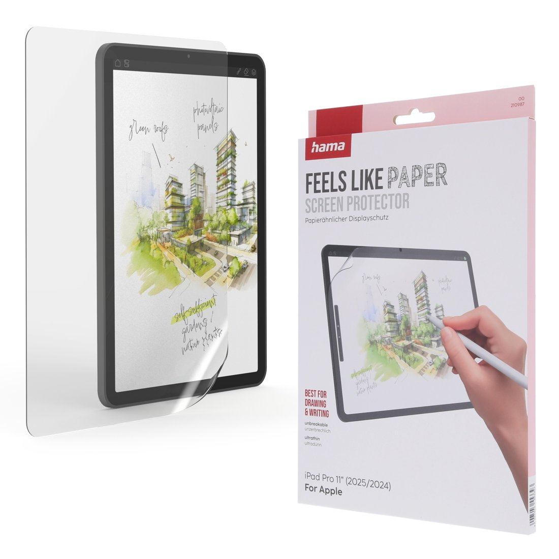 Tablet z folią ochronną imitującą papier, obok opakowania.