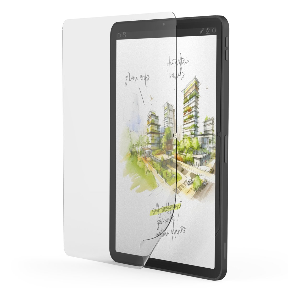 Tablet z rysunkiem zielonych budynków, paneli słonecznych i zielonych dachów.