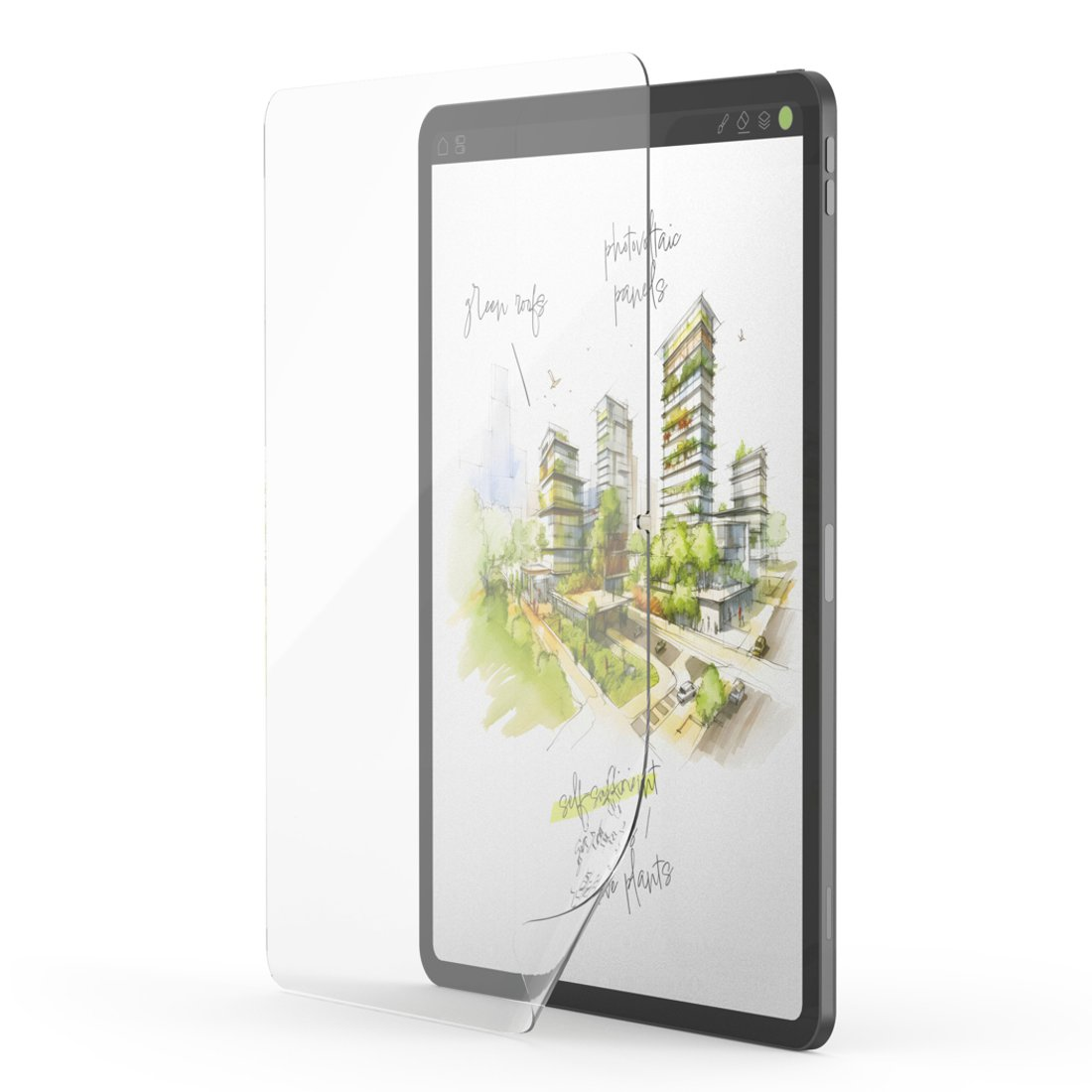 Tablet wyświetlający szkic architektoniczny zielonych budynków z notatkami i osłoną ekranu.
