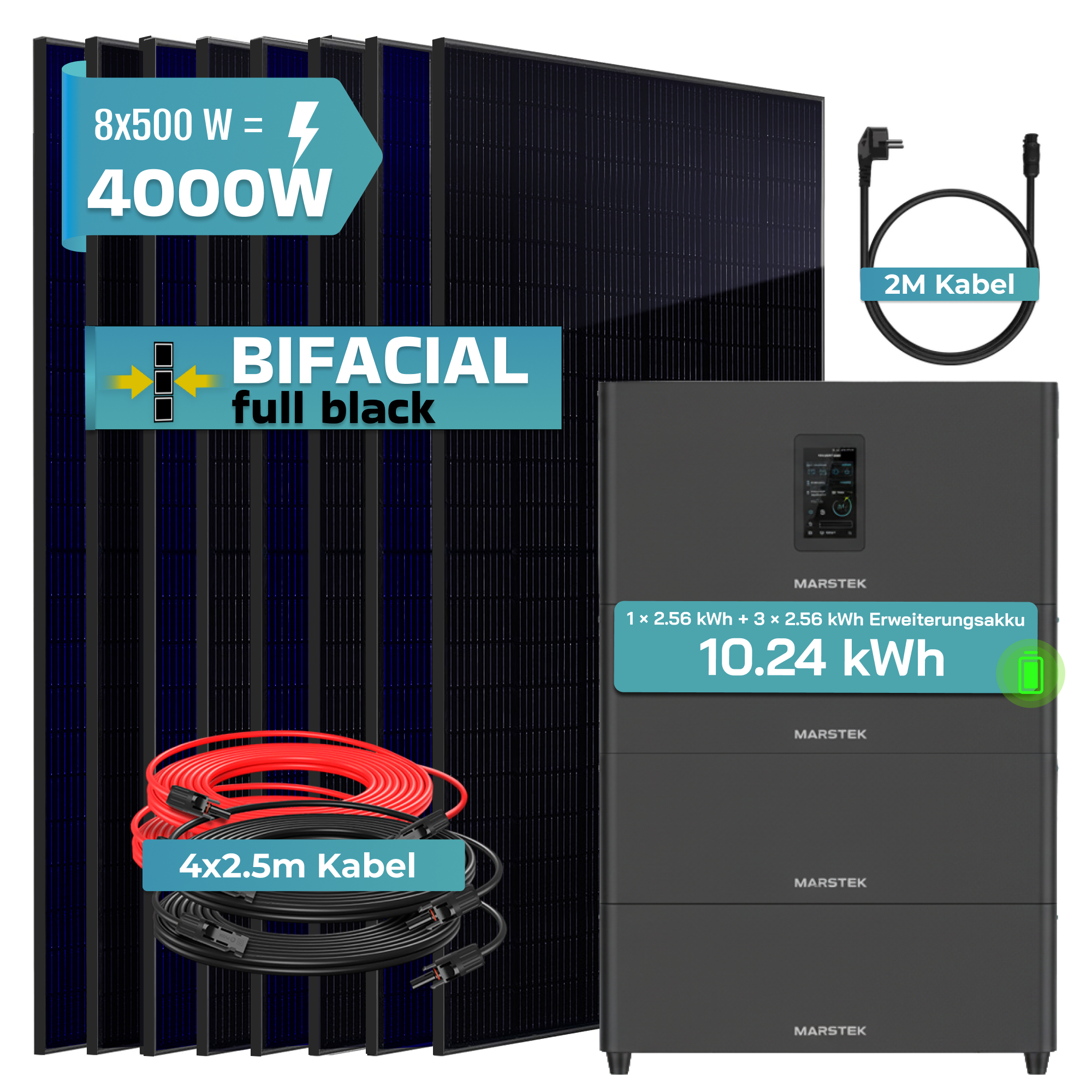 Solarmodule, ein Energiespeicher und Kabel sind auf weißem Hintergrund abgebildet.
