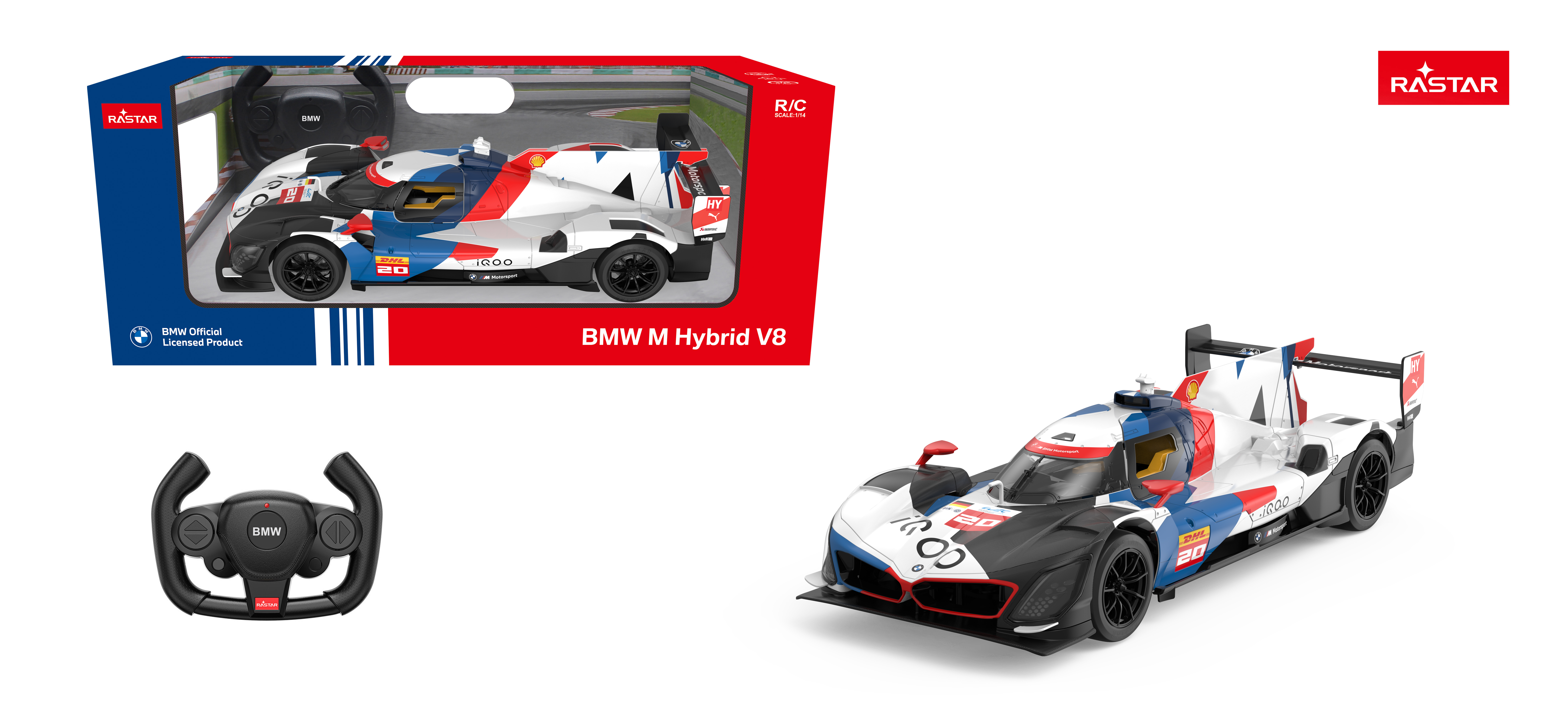 Szczegółowy samochodzik zdalnie sterowany, BMW M Hybrid V8, w kolorach czerwonym, niebieskim i białym.