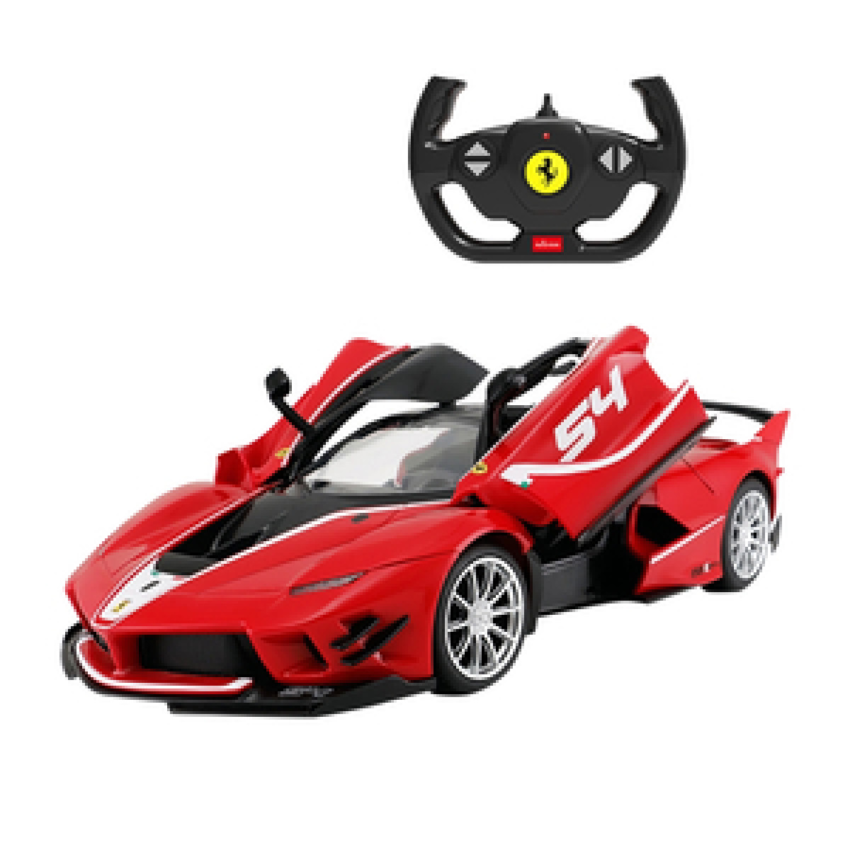 Czerwony Ferrari zdalnie sterowany z otwartymi drzwiami motylkowymi i czarnym kontrolerem kierownicy.