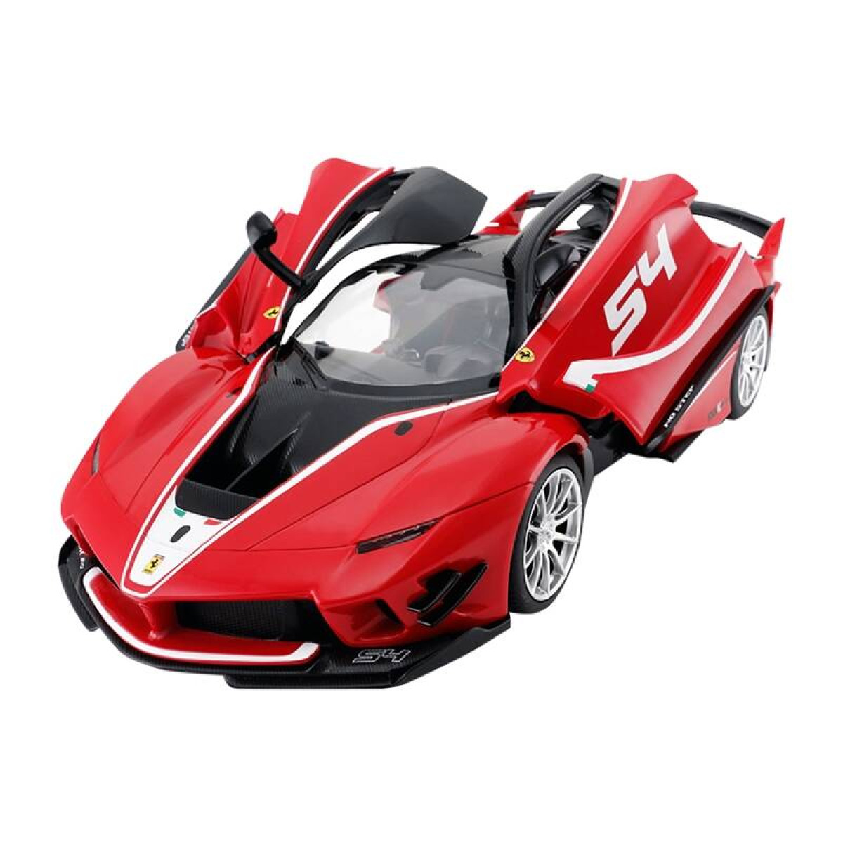 Czerwony samochodzik Ferrari z otwartymi drzwiami, z numerem 54 po stronie.
