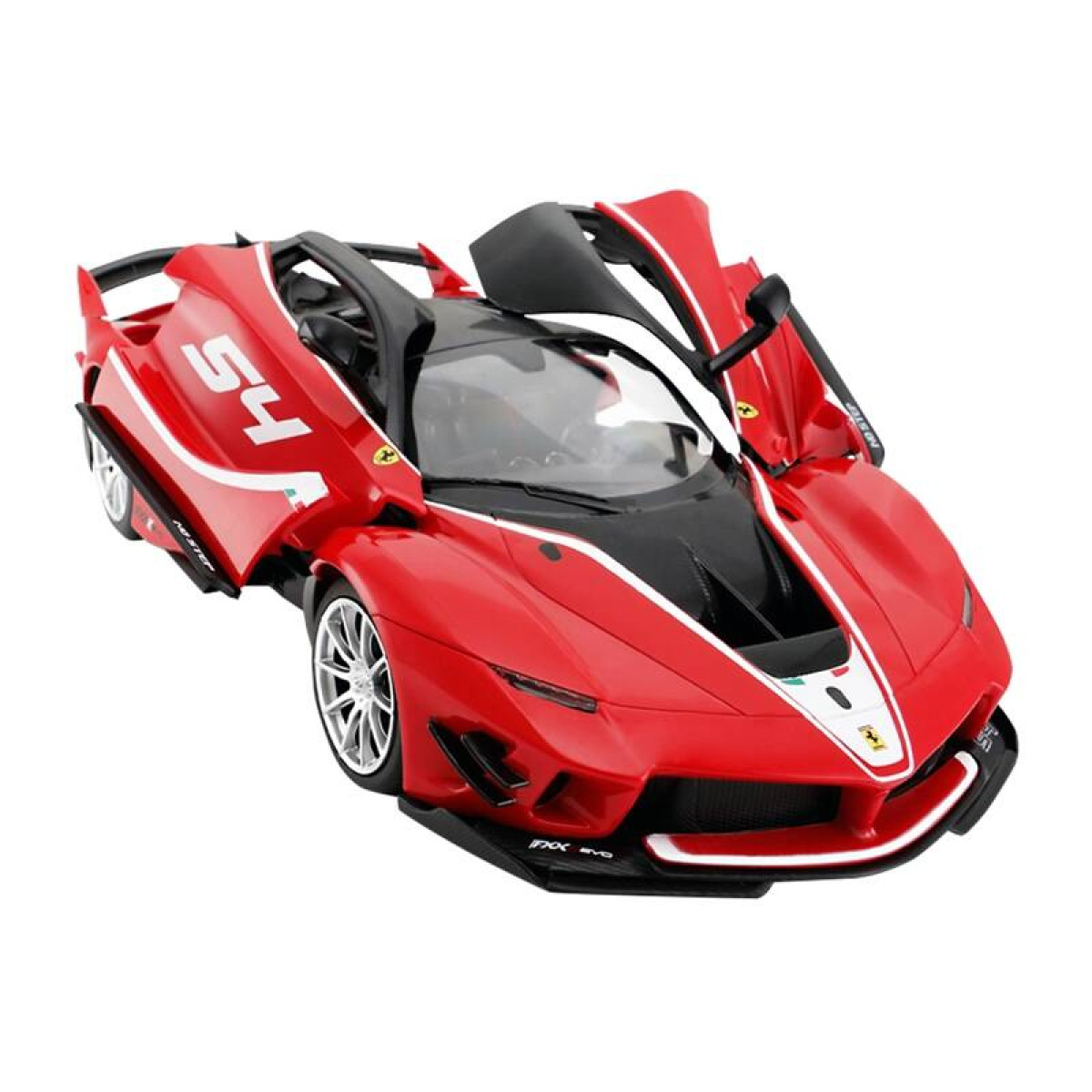 Czerwony Ferrari z otwartymi drzwiami, srebrnymi felgami i numerem 54 z boku.