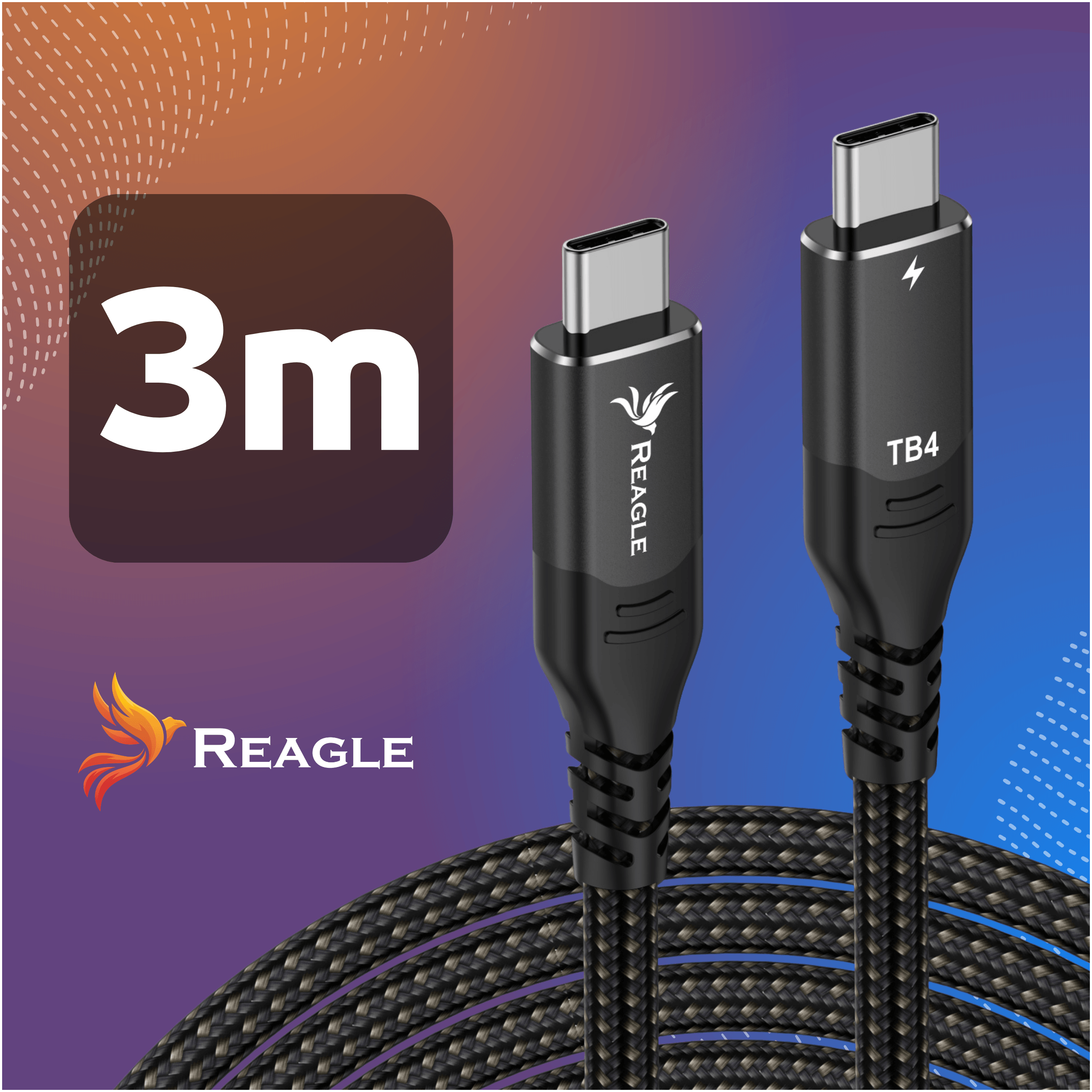 Czarny kabel USB-C na USB-C 3m z logo TB4. Logo REAGLE.