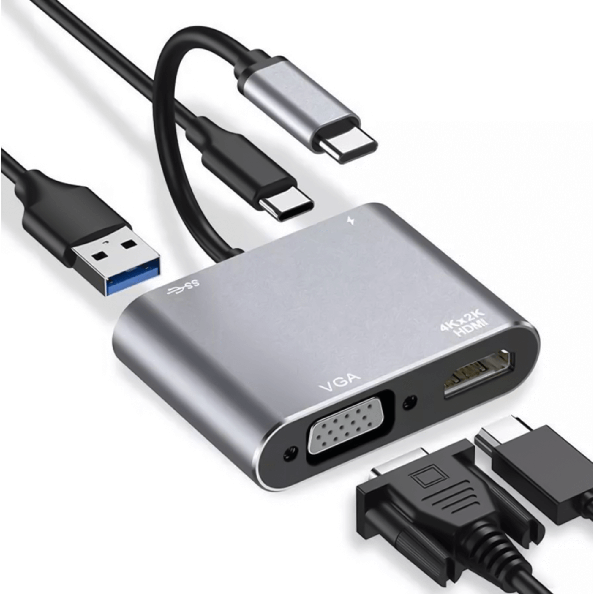 Szary adapter USB-C z portami HDMI, VGA i DVI.