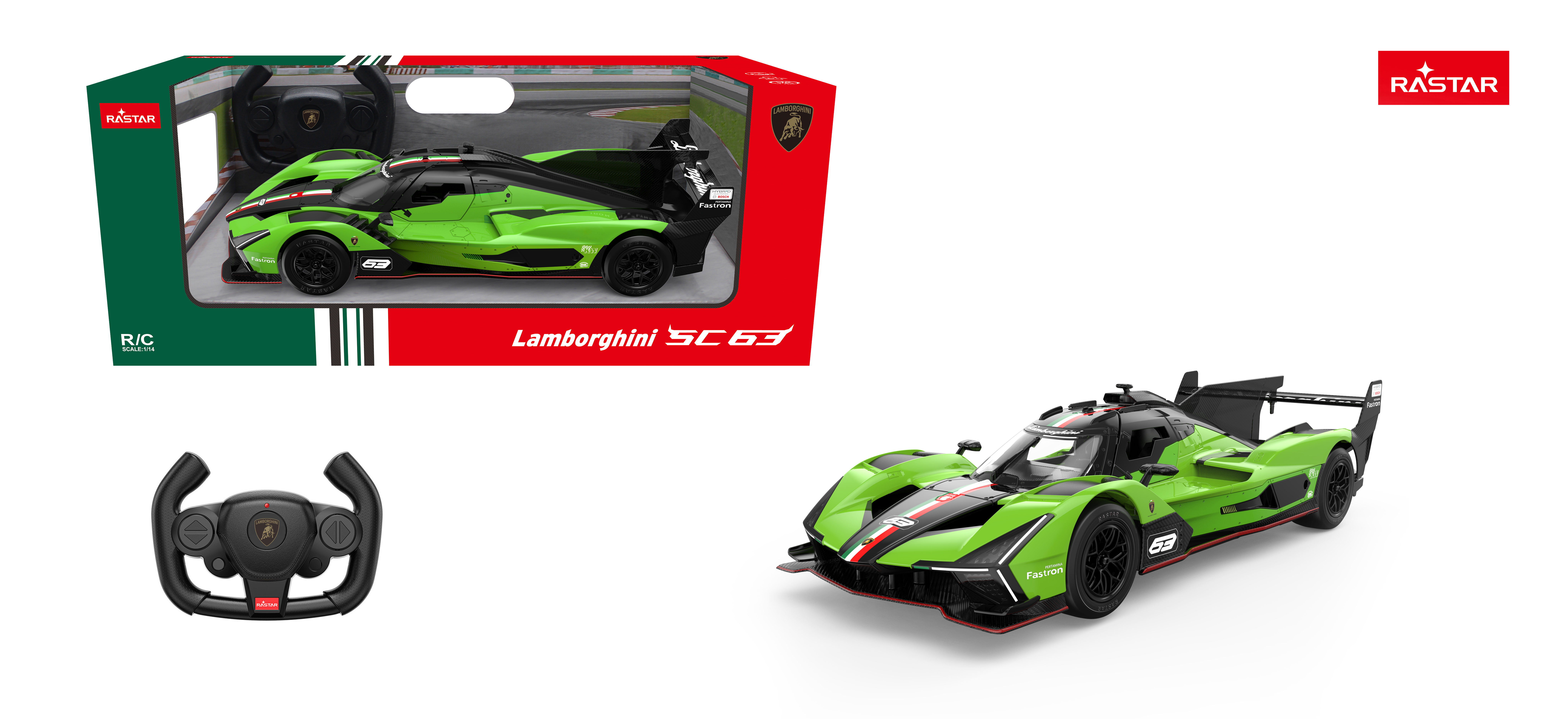 Zielony samochódzik R/C Lamborghini SC63 ze zdalnym sterowaniem i opakowaniem.
