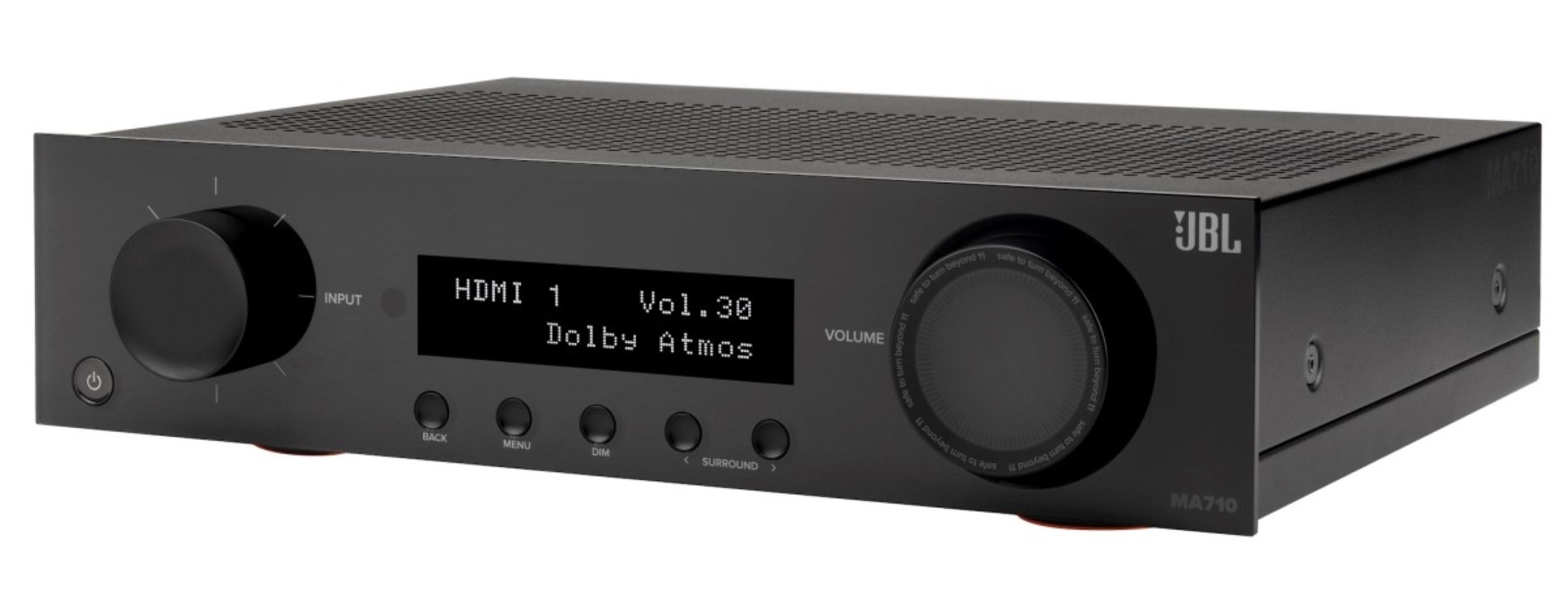 Czarny amplituner JBL MA710 z gałkami, wyświetlaczem i przyciskami.