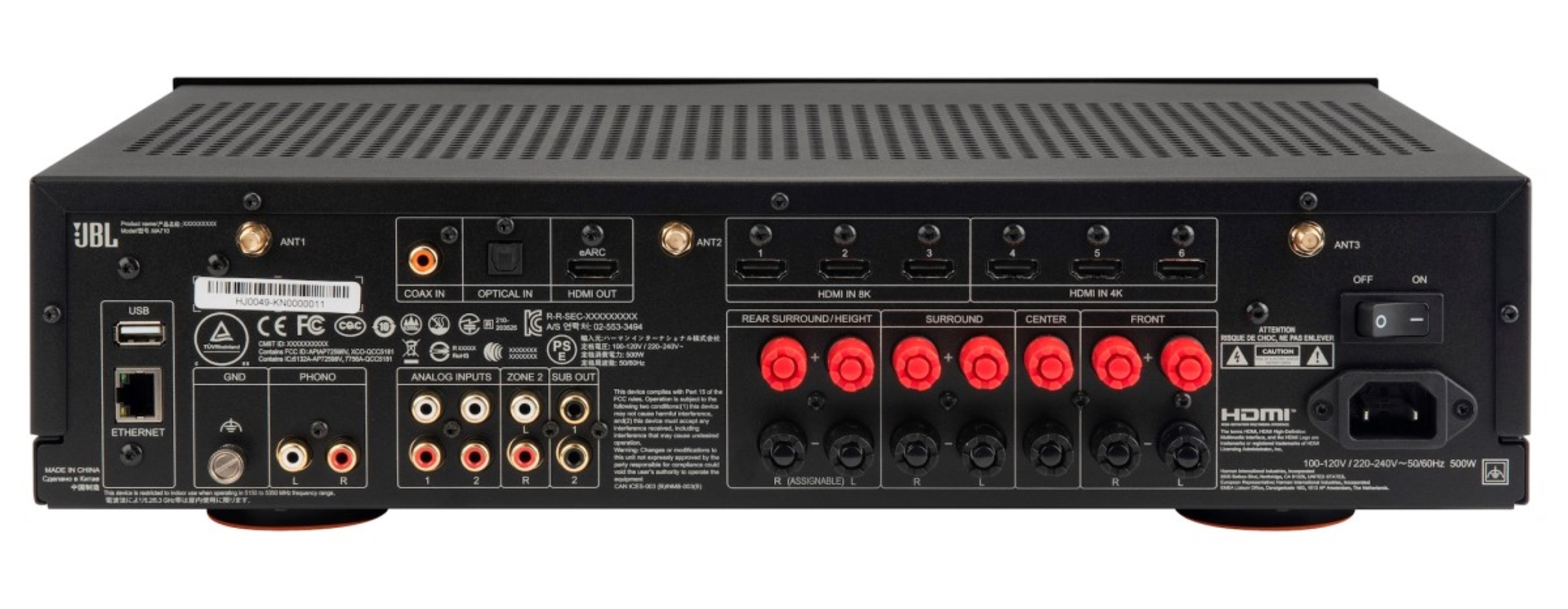Widok z tyłu czarnego wzmacniacza JBL z portami HDMI, USB, Ethernet i terminalami głośnikowymi.