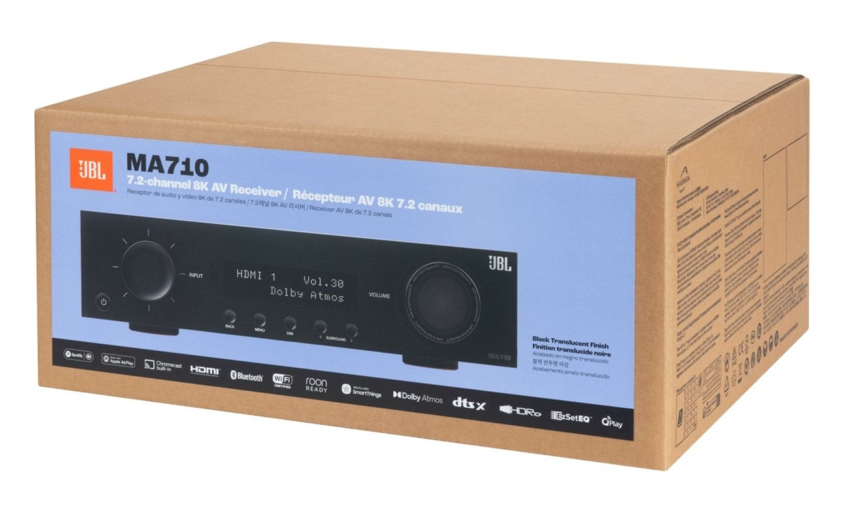 Opakowanie odbiornika AV JBL MA710 8K z obrazem produktu i szczegółami technicznymi.