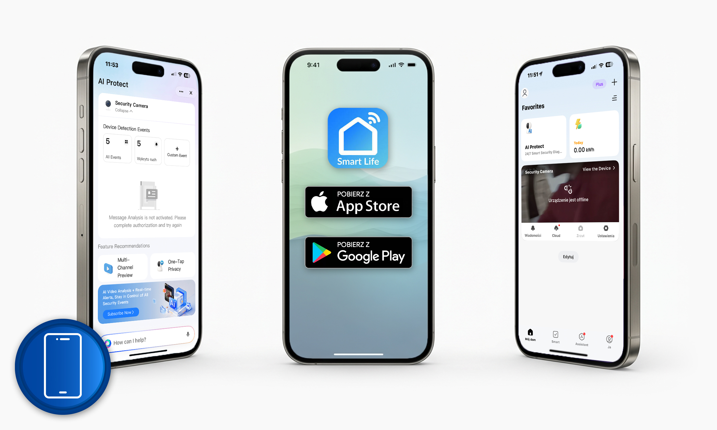Trzy smartfony pokazują interfejsy aplikacji: Bezpieczeństwo, App Store i Smart Life.