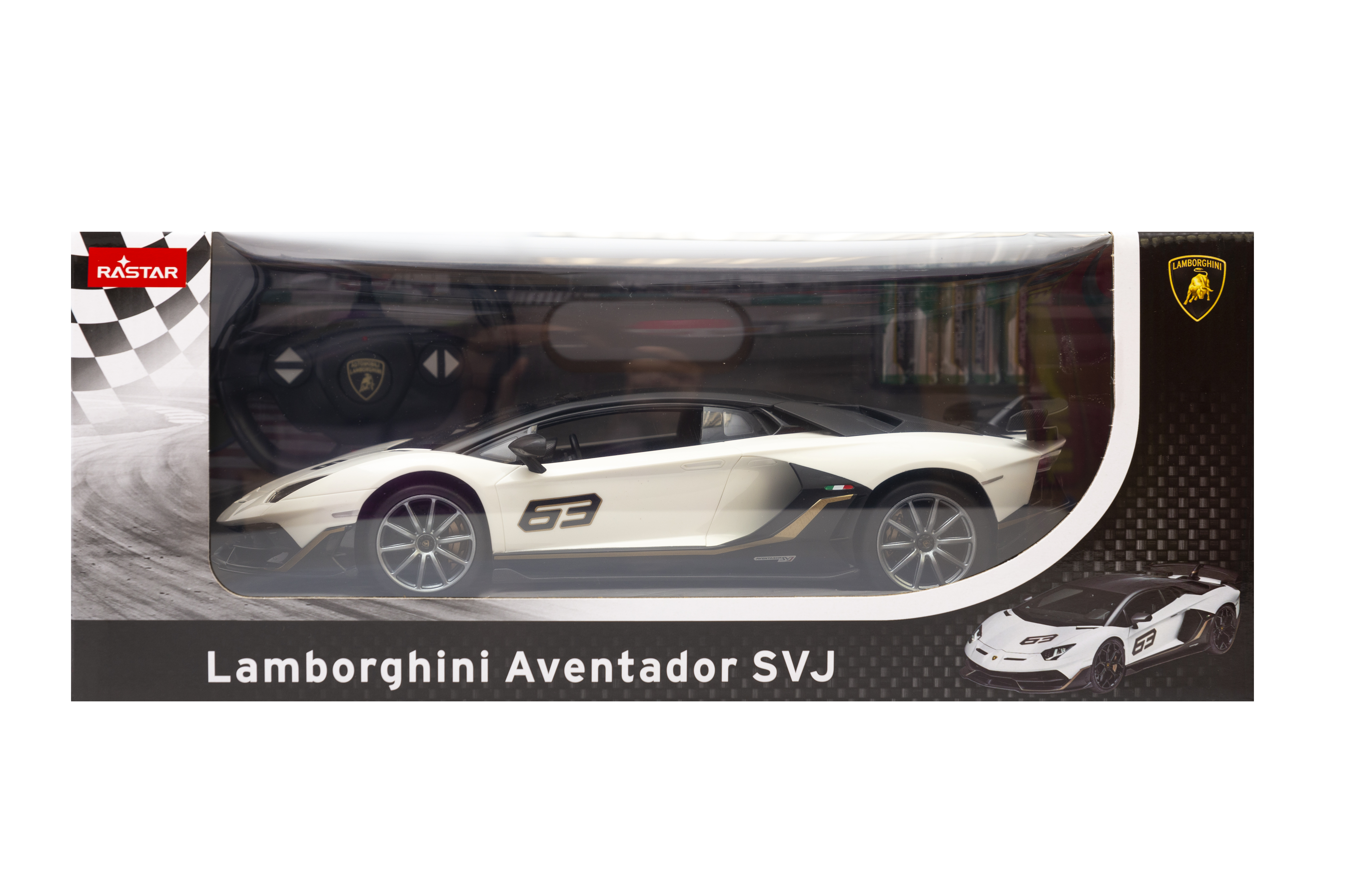 Opakowanie białego samochodu zabawkowego Lamborghini Aventador SVJ z czarnym dachem i numerem 63.
