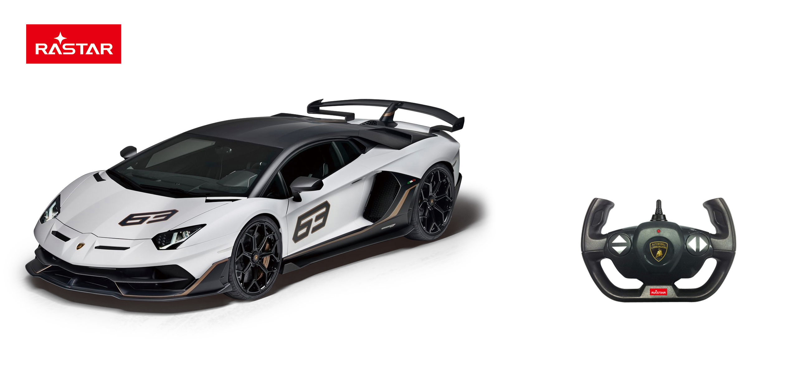 Biały Lamborghini z czarnym dachem i pilotem.