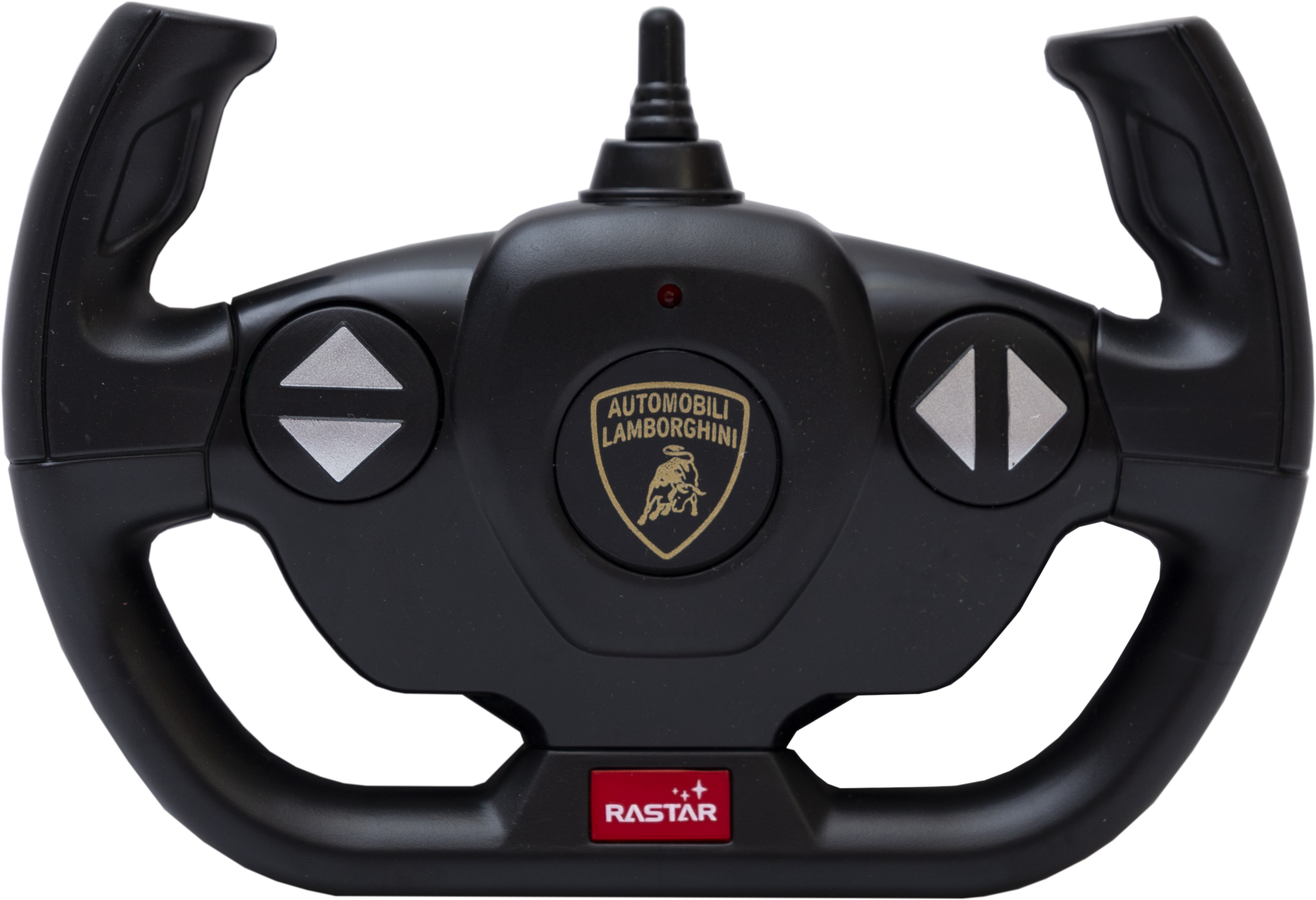 Czarna kierownica Lamborghini na pilota ze złotym logo i czerwonymi przyciskami.