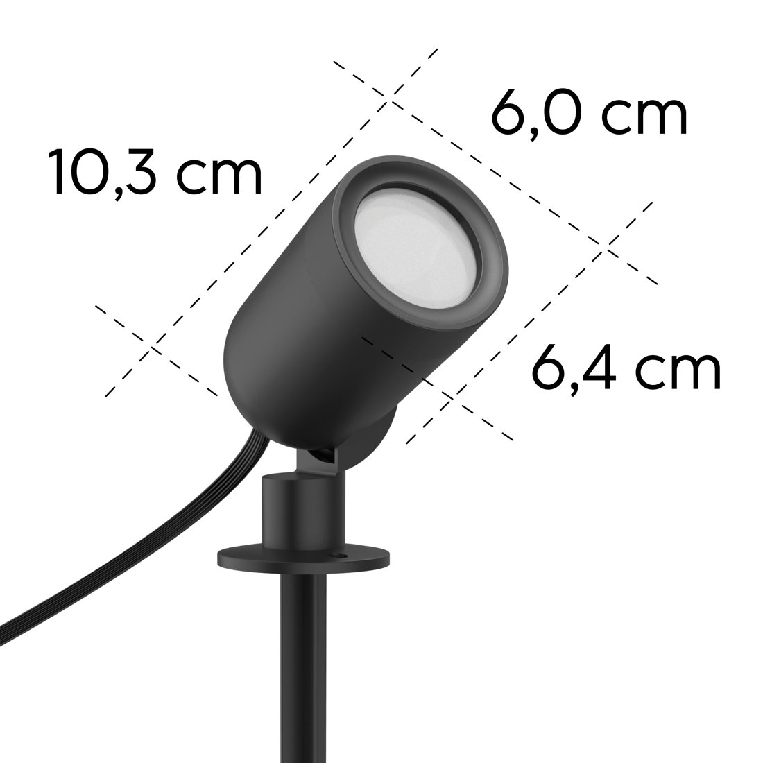 Czarny reflektor z wymiarami: 10,3 cm, 6,0 cm, 6,4 cm.