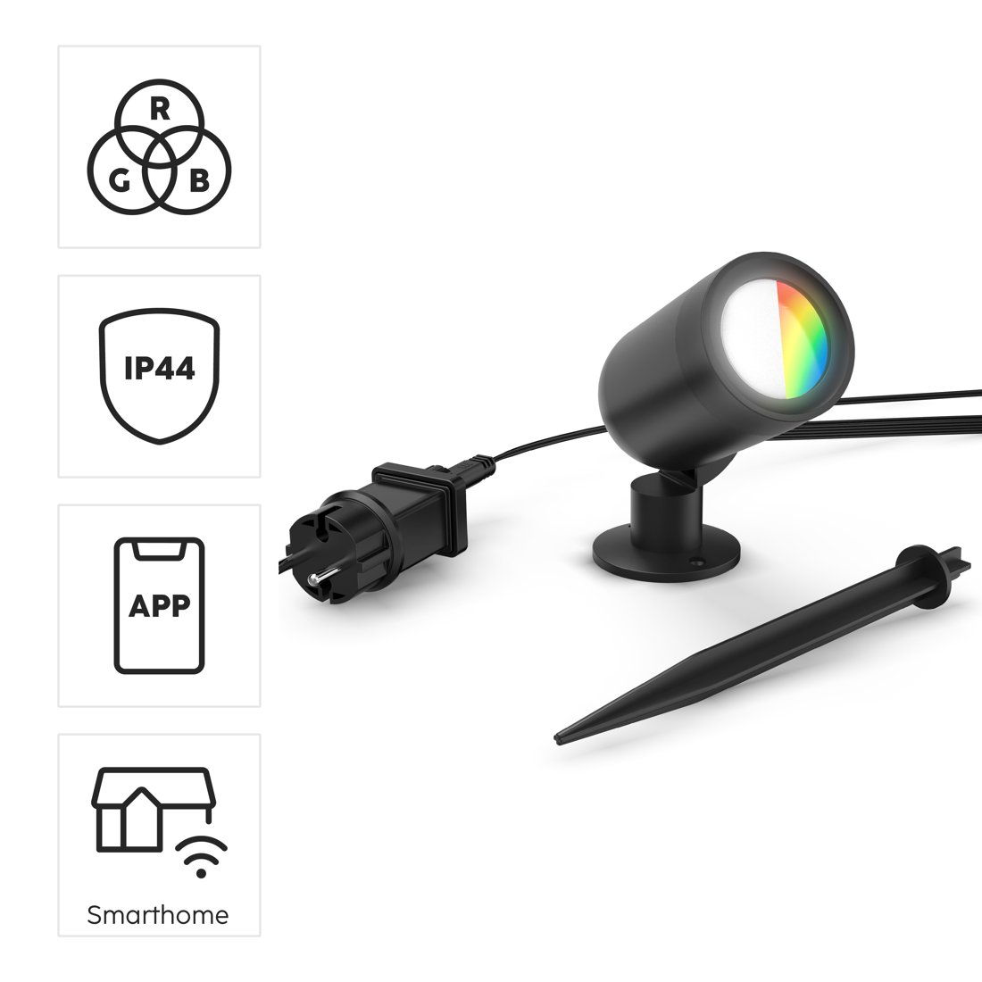 Czarny reflektor LED z RGB, stopniem ochrony IP44, sterowaniem przez aplikację i kompatybilnością smarthome.