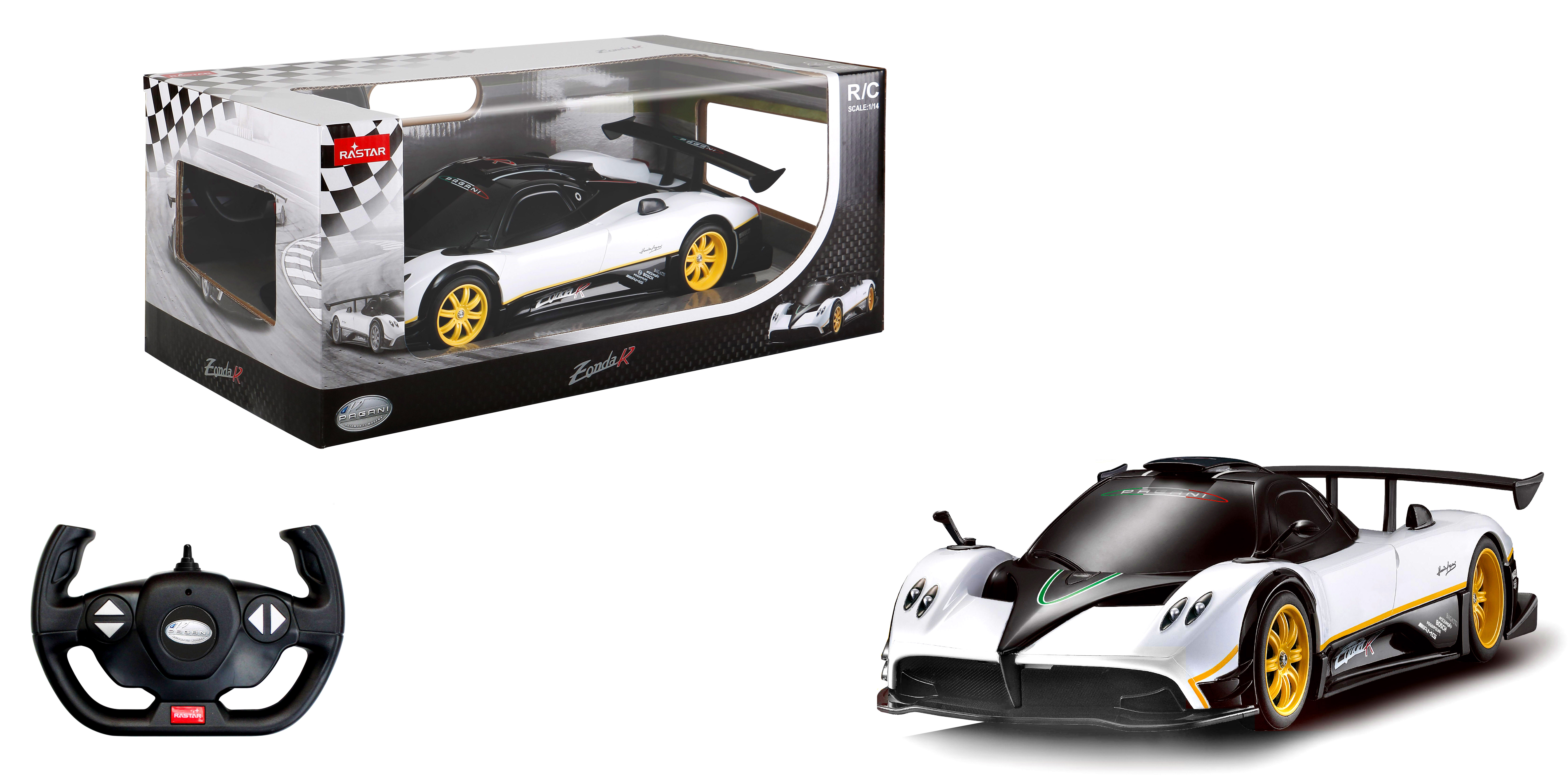 Biały zdalnie sterowany samochód wyścigowy Pagani Zonda R w pudełku i osobno.
