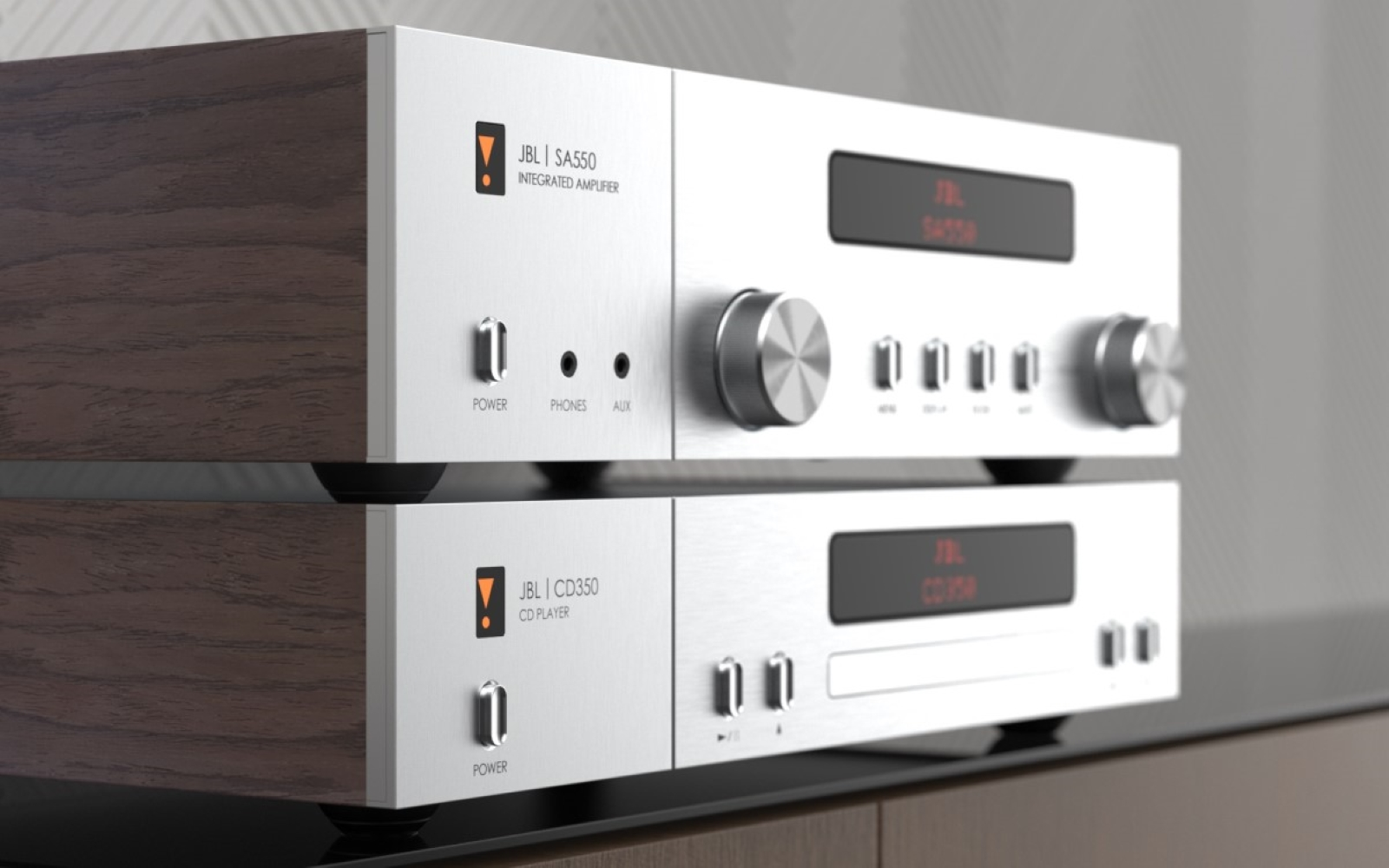 Dwa urządzenia audio JBL: wzmacniacz SA550 i odtwarzacz CD CD350, ułożone jeden na drugim.