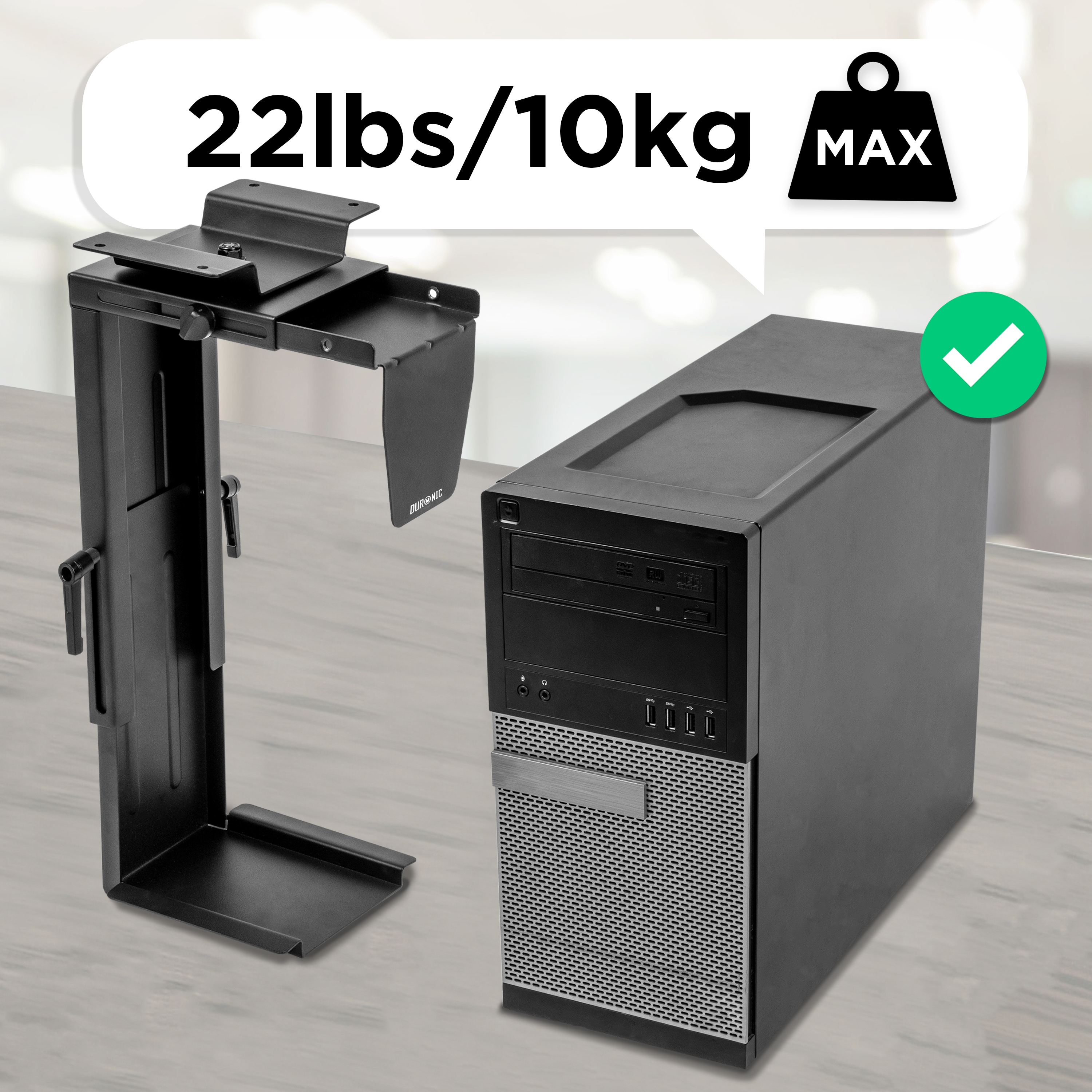Ein schwarzer PC-Turm und seine Halterung unter dem Schreibtisch sind abgebildet. Max. Last 10kg.