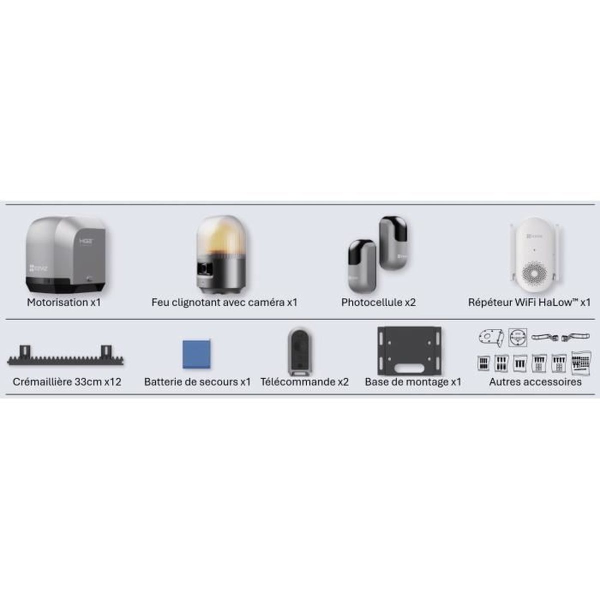 Poortautomatiseringsset: motor, knipperlicht, fotocellen, WiFi-repeater, tandheugel, batterij, afstandsbediening.