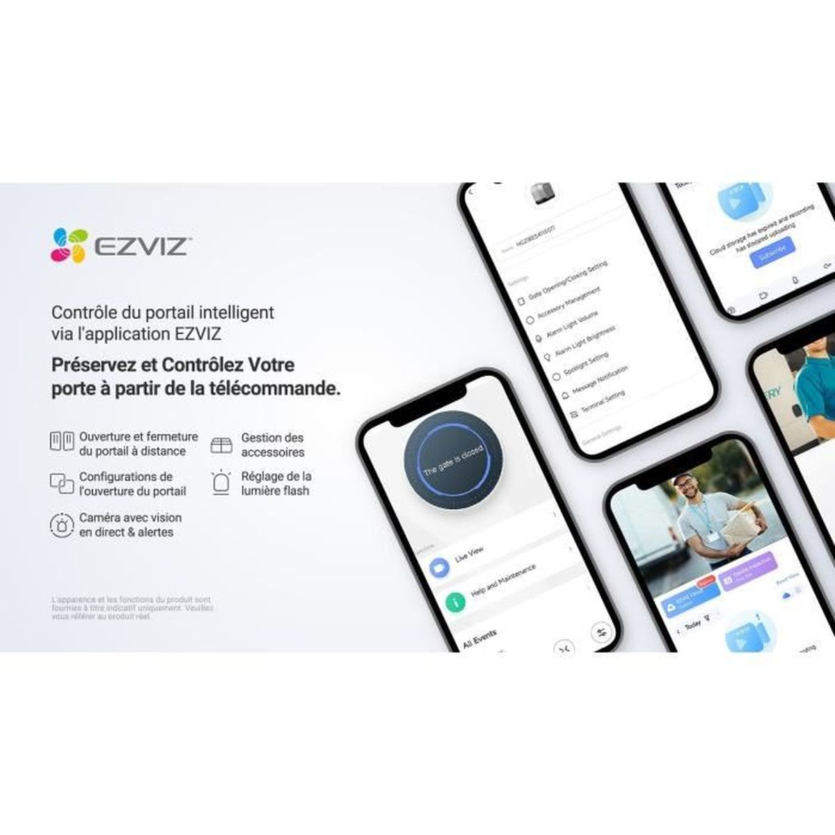 EZVIZ app-interface op meerdere telefoons, die poortcontrole toont.