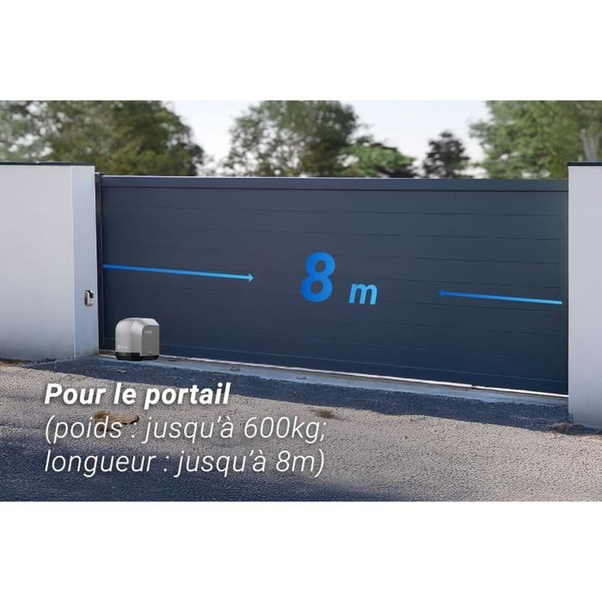 Donkere poort met motor, 8m lang, tot 600kg gewicht.
