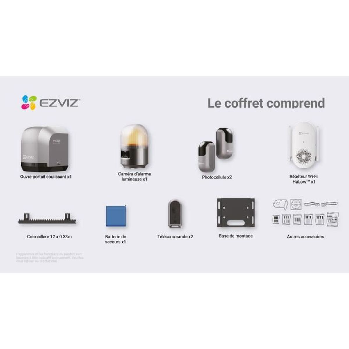 Overzicht EZVIZ-producten: poortopener, alarmlicht, fotocellen, repeater, tandheugel, batterij, afstandsbediening, montagebasis.