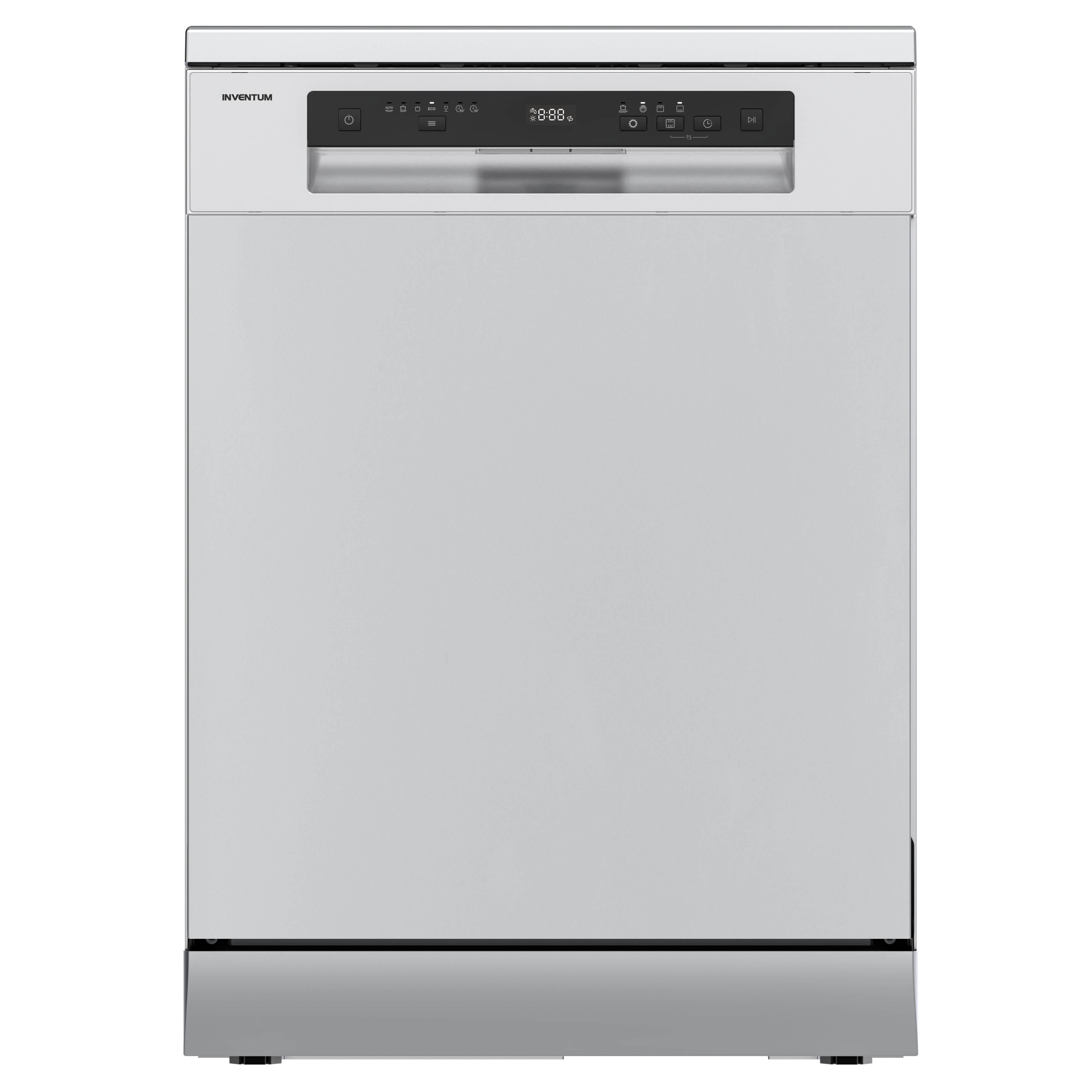 A silver dishwasher with a digital display and control buttons.