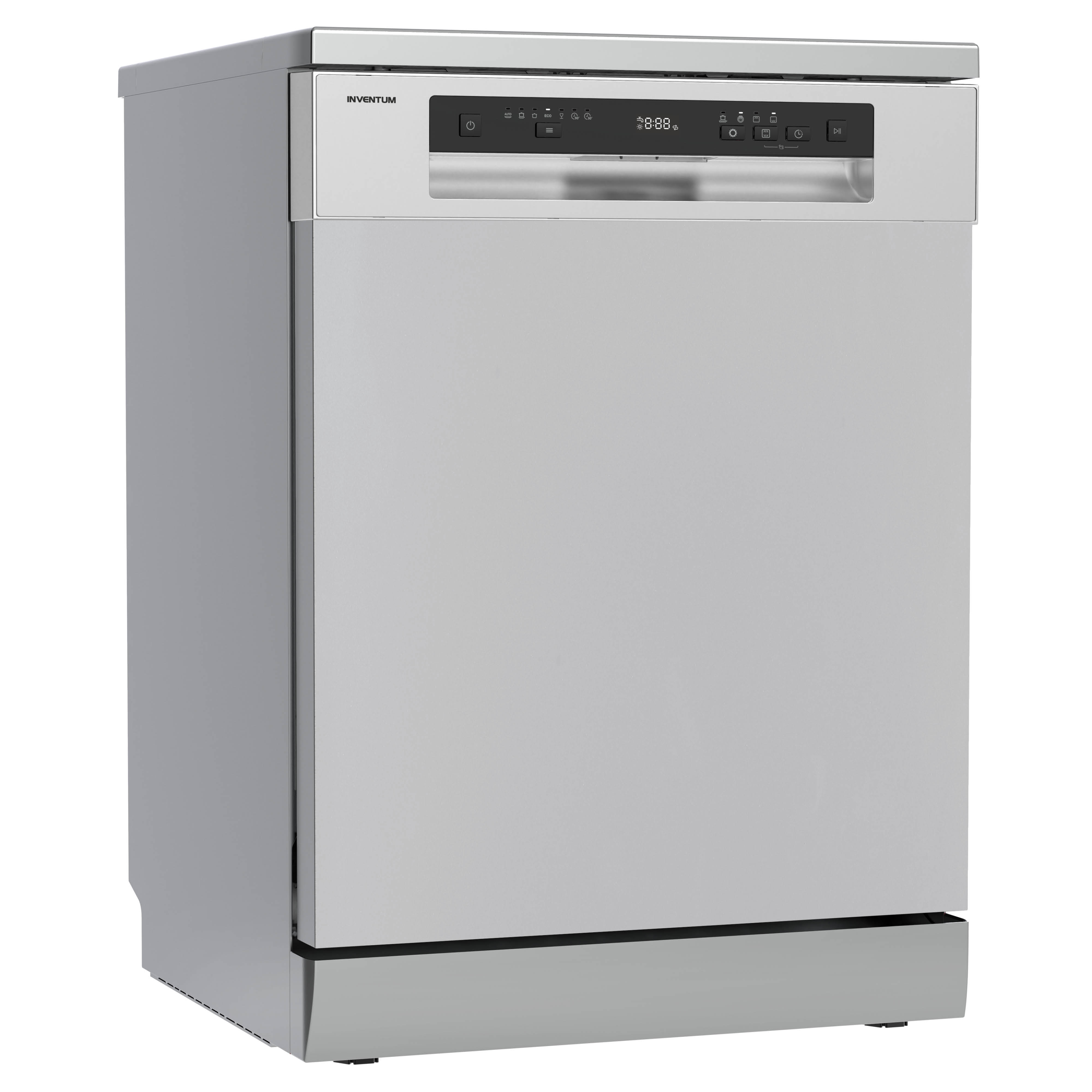 A silver dishwasher with a black control panel and digital display.