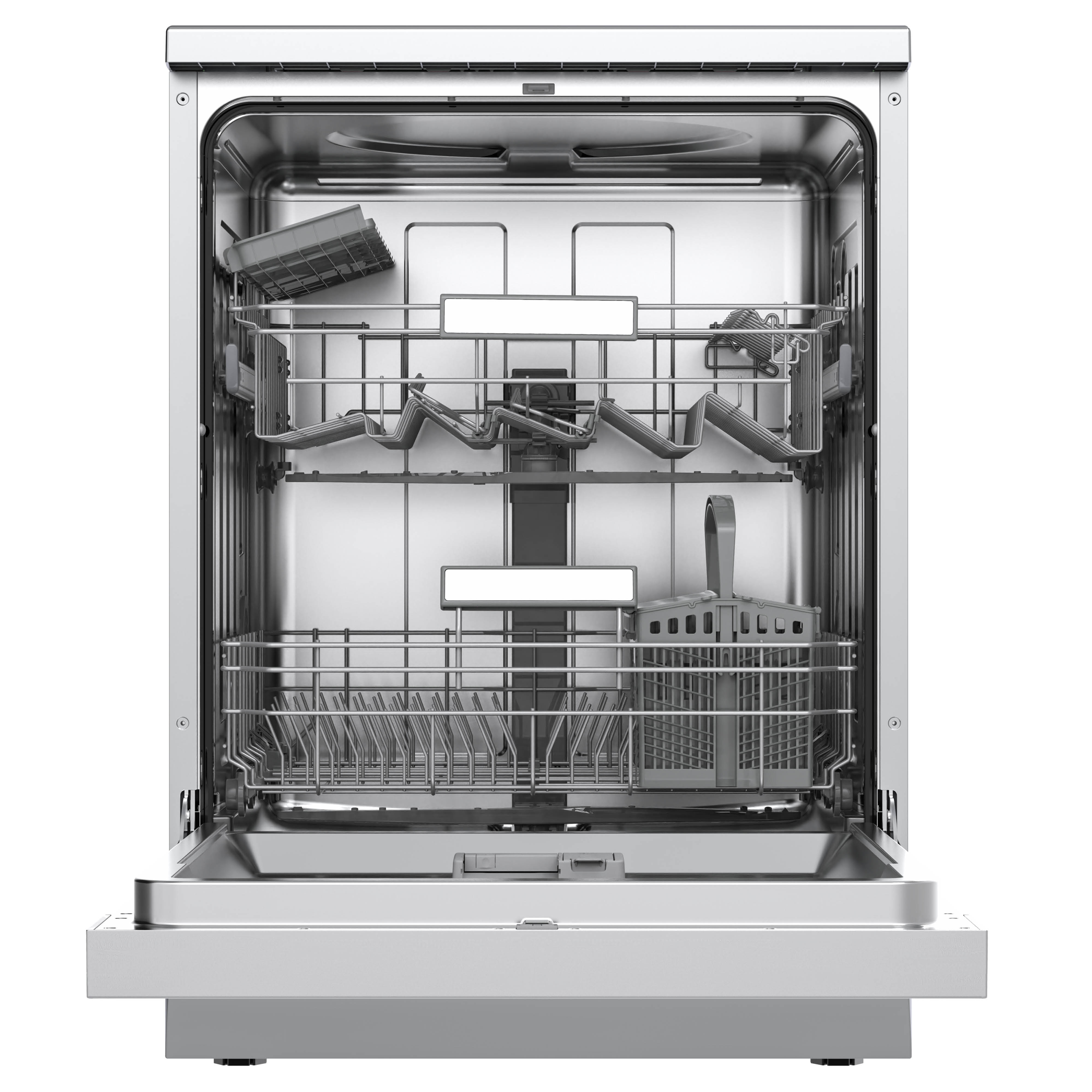 An open, empty dishwasher with silver racks and silver spray arms inside.