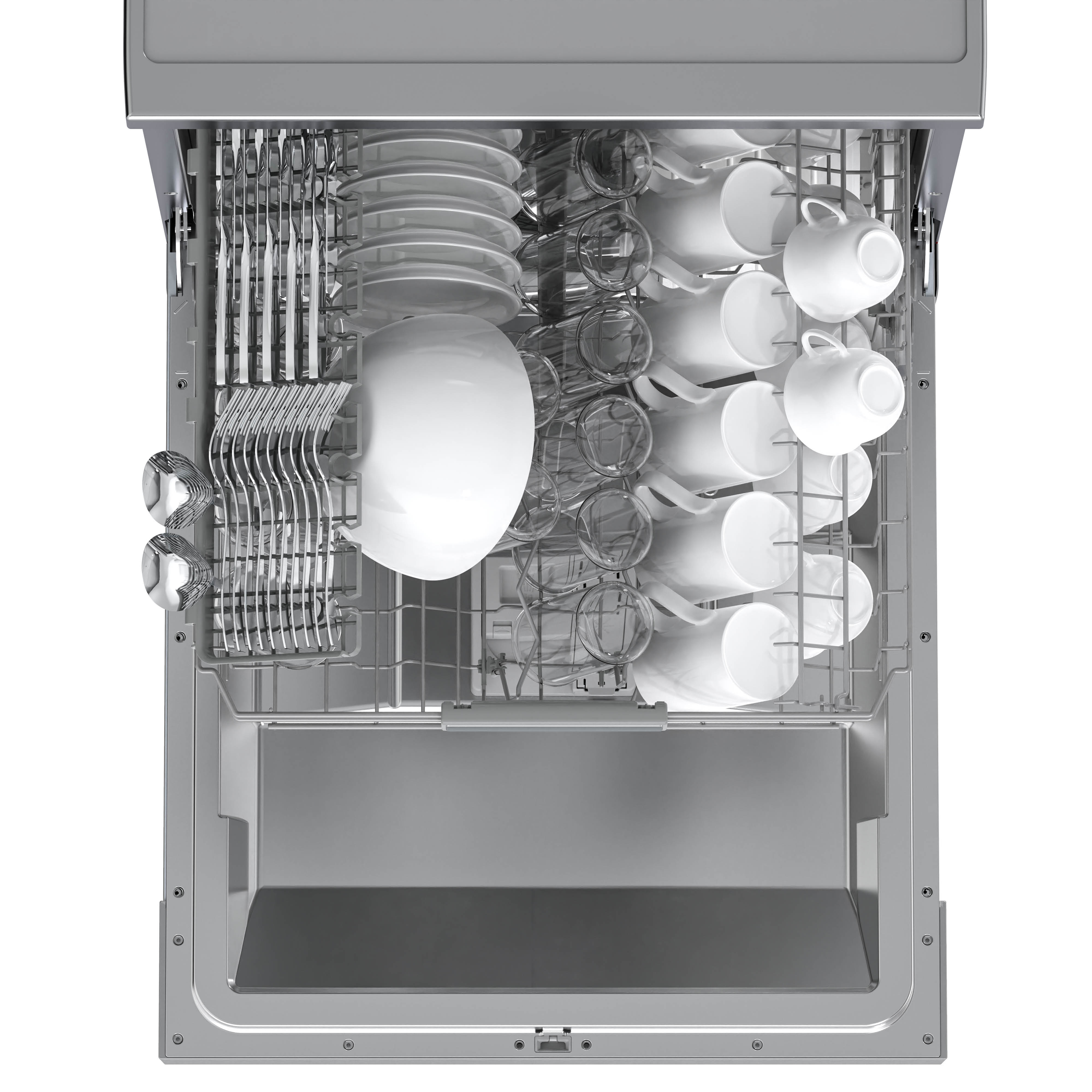 An open dishwasher filled with white dishes and cutlery in the upper and lower racks.