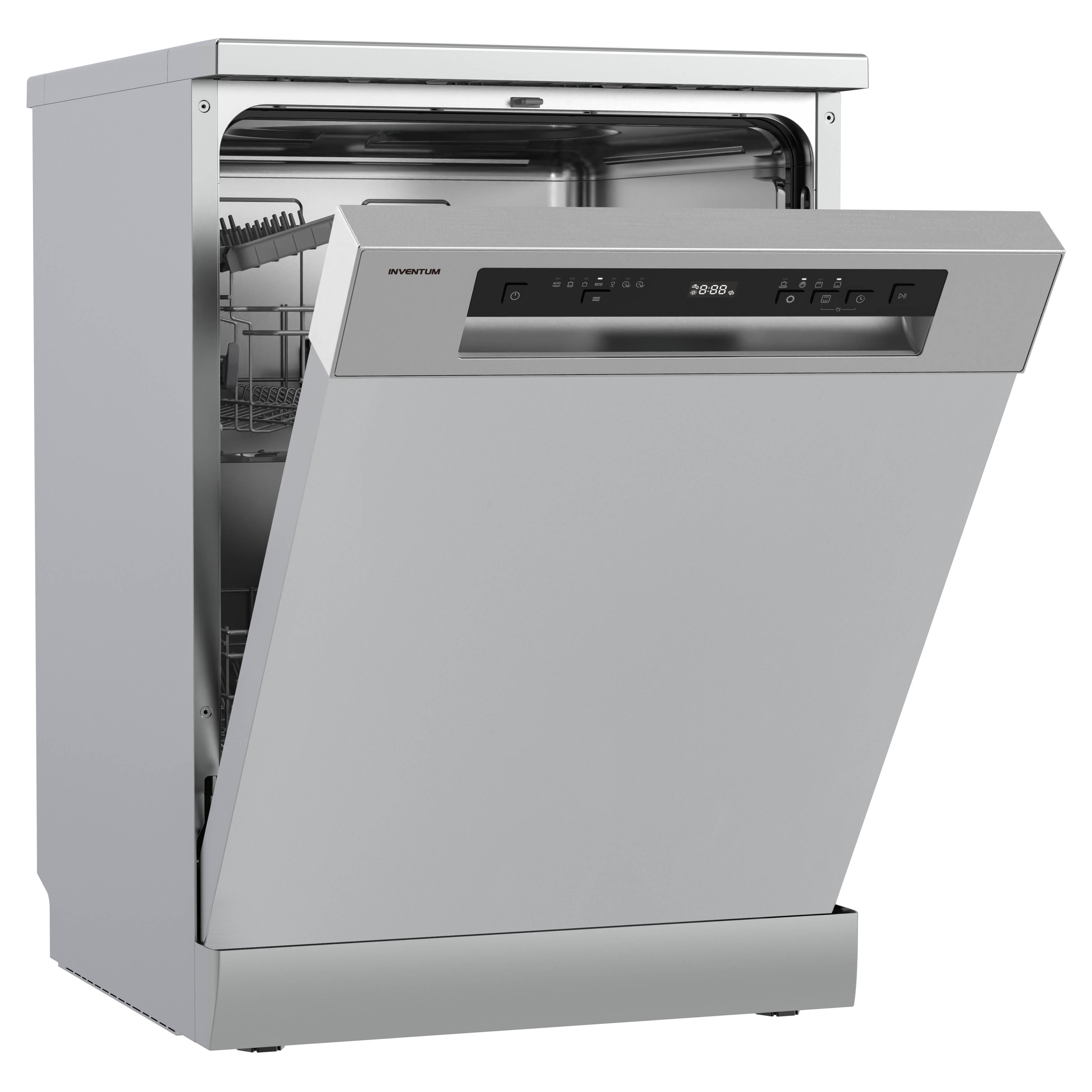 A silver dishwasher with its door open, showing the racks inside.
