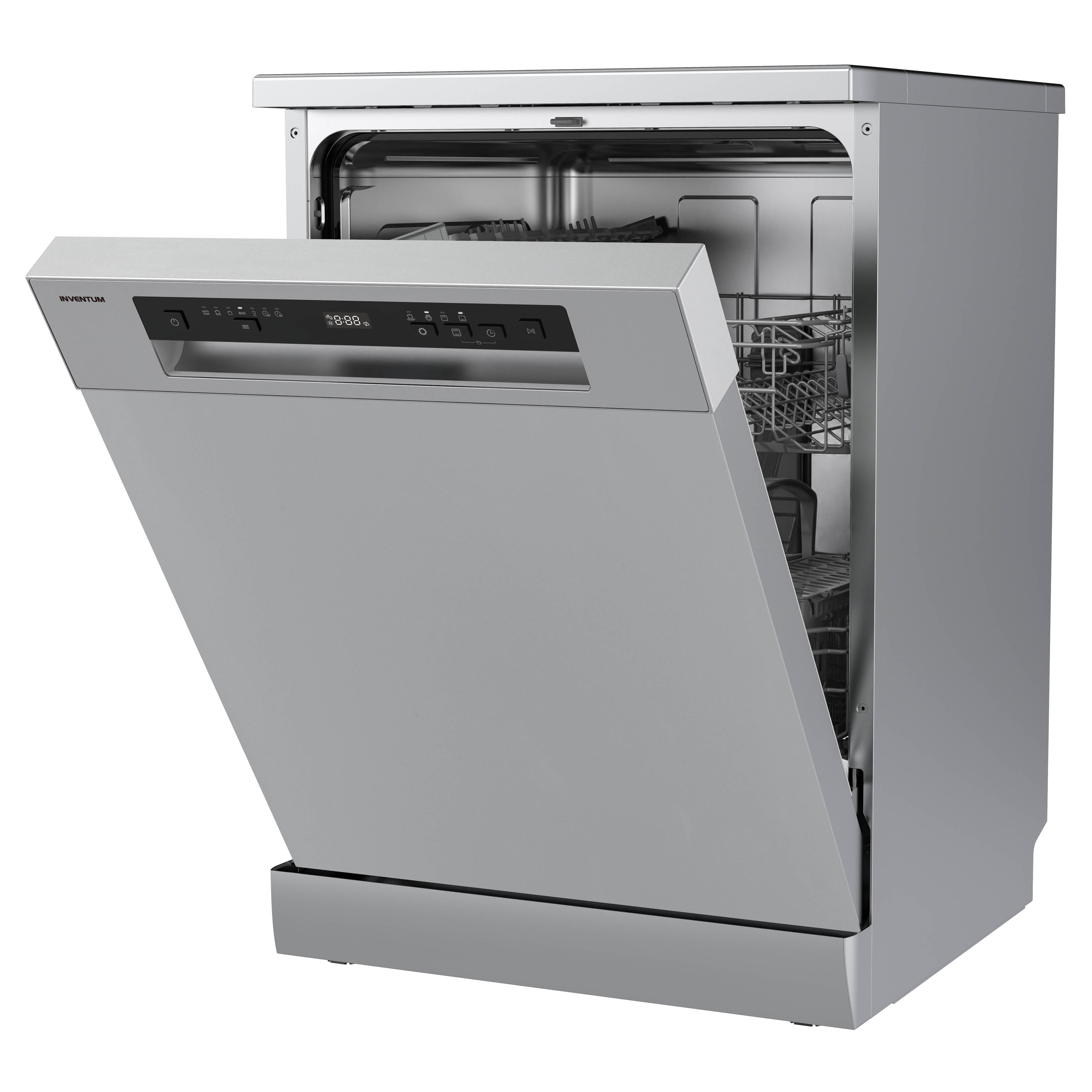 A silver dishwasher with its door open, showing the interior and control panel.