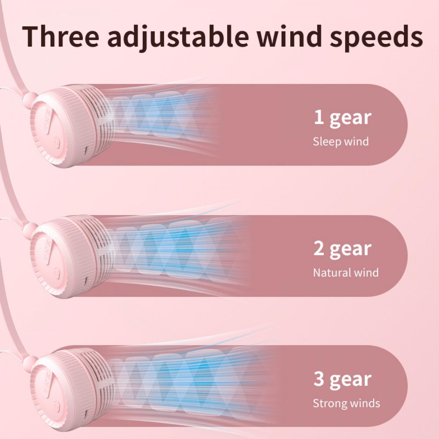 Pinker Nackenventilator mit drei einstellbaren Geschwindigkeiten: Schlaf, natürlich und stark.