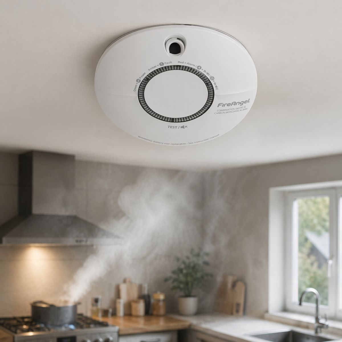 Un détecteur de fumée au plafond au-dessus d'une cuisine avec de la vapeur d'une casserole sur la cuisinière.