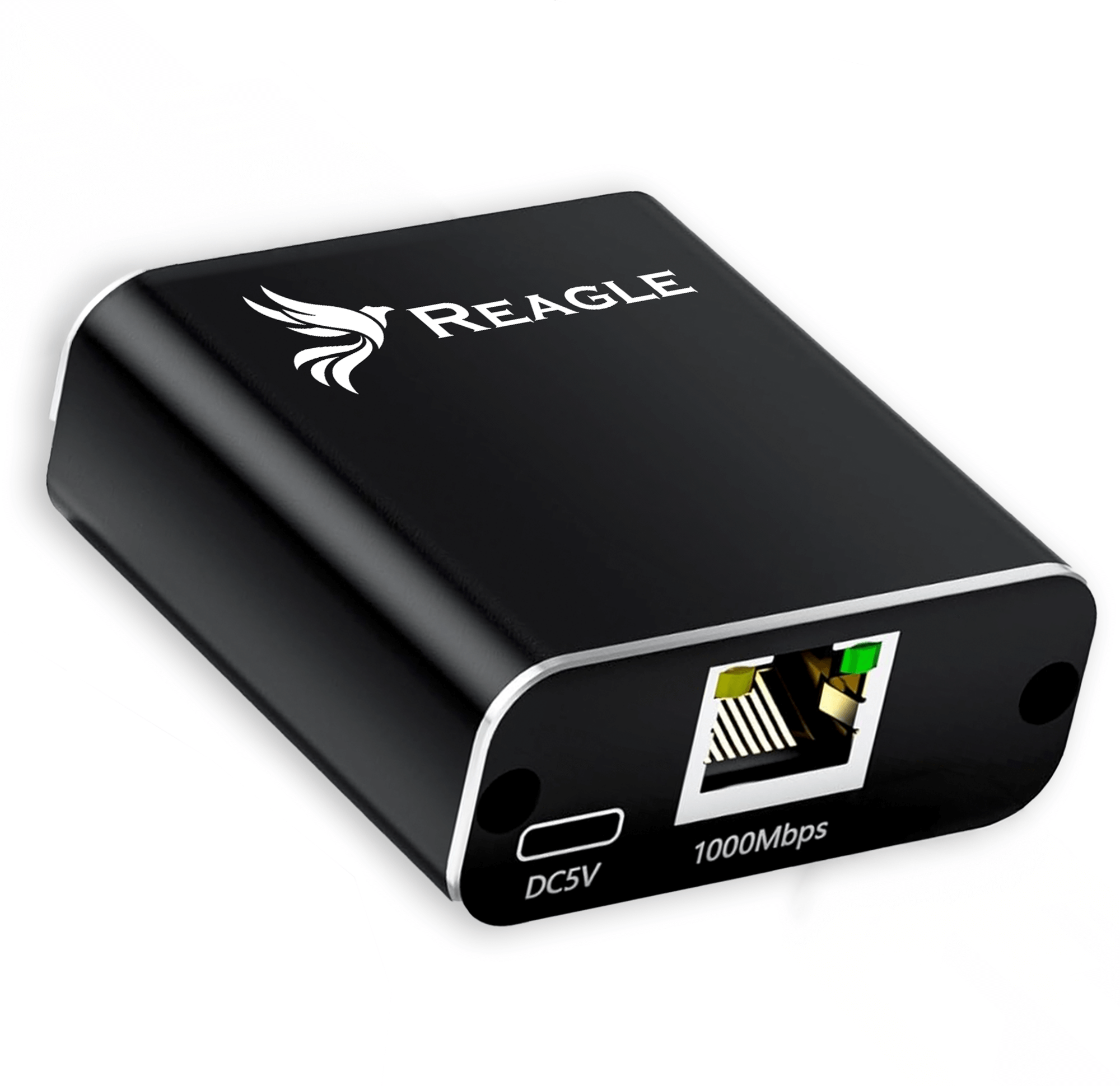 Czarny adapter sieciowy Reagle z oznaczeniem DC5V i 1000Mbps.