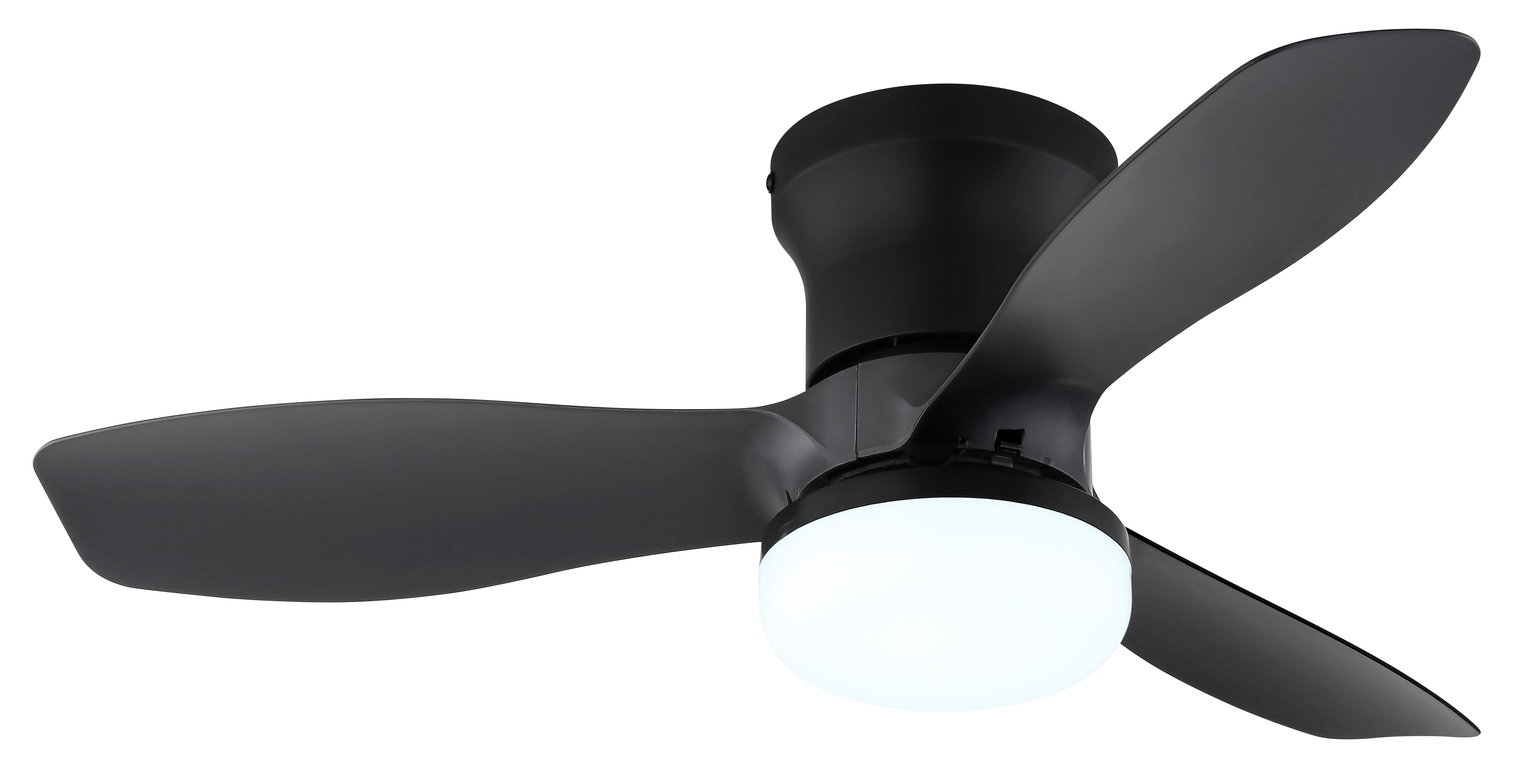 Schwarzer Deckenventilator mit drei Flügeln und integriertem rundem Licht.