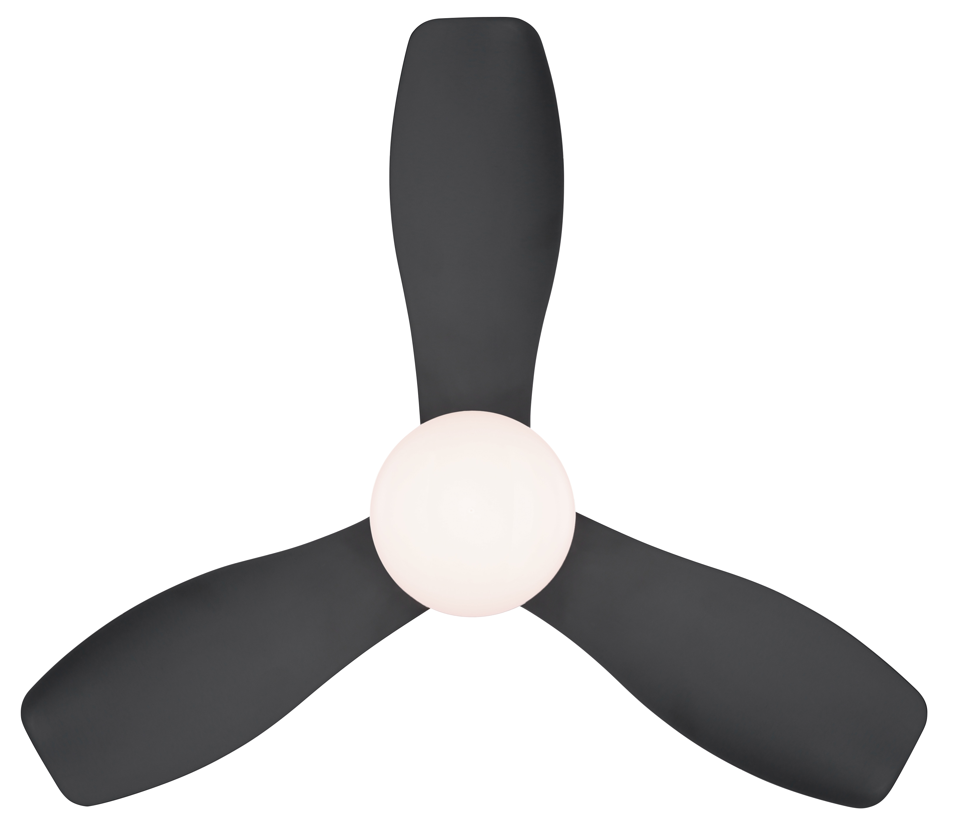 Ein dunkler Deckenventilator mit drei Flügeln und einem runden, beleuchteten Mittelteil.