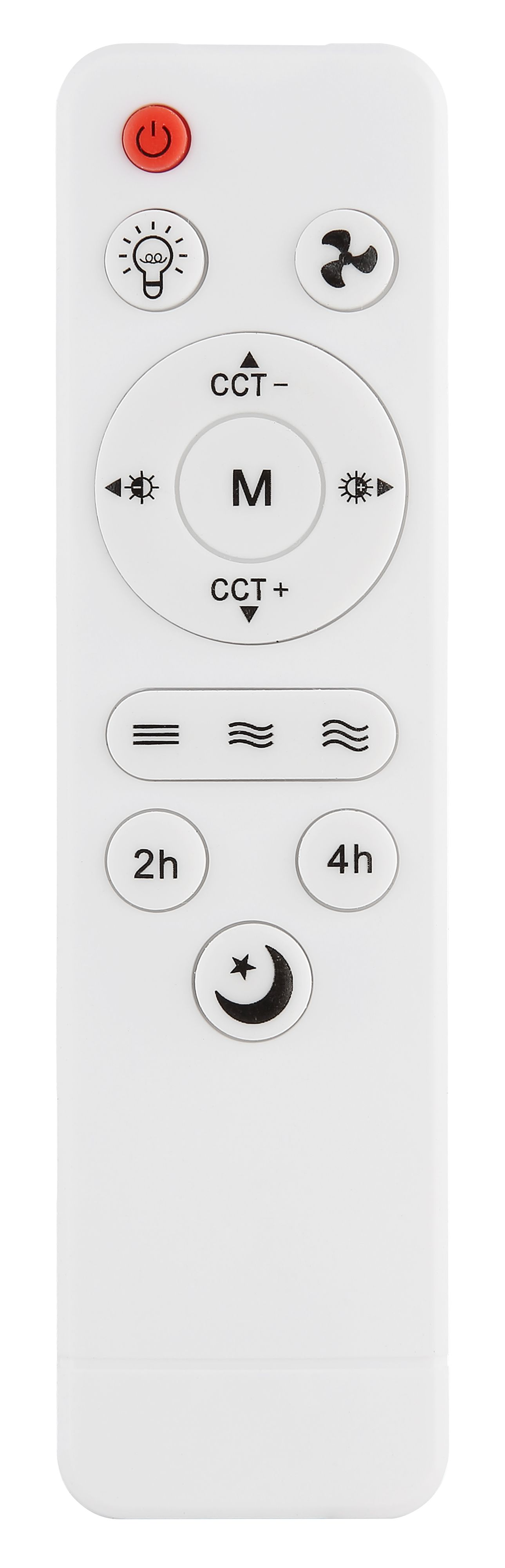 Weiße Fernbedienung mit Tasten für Strom, Licht, Lüfter, CCT, Modus, Timer und Mond.