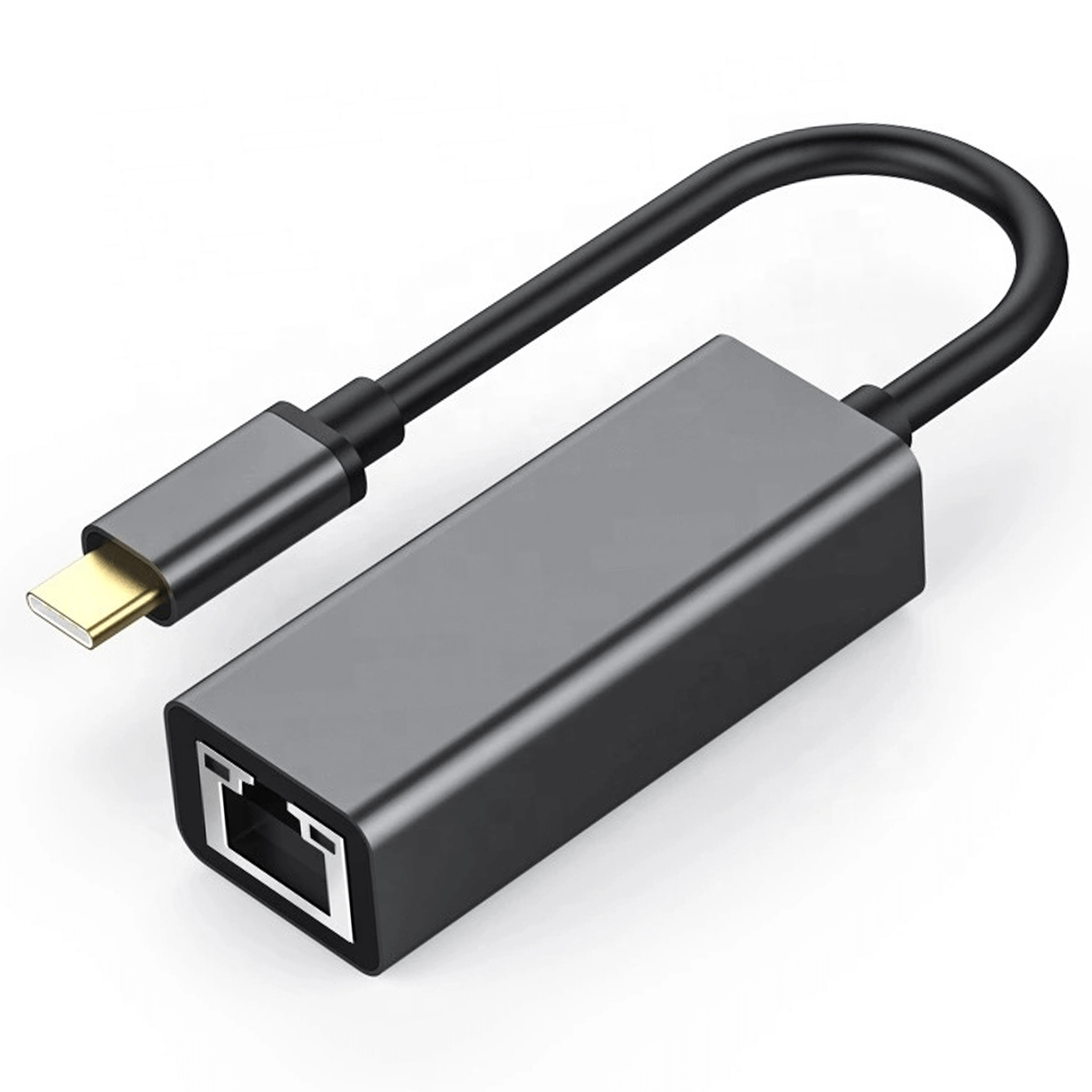 Szary adapter USB-C do Ethernet z czarnym kablem.